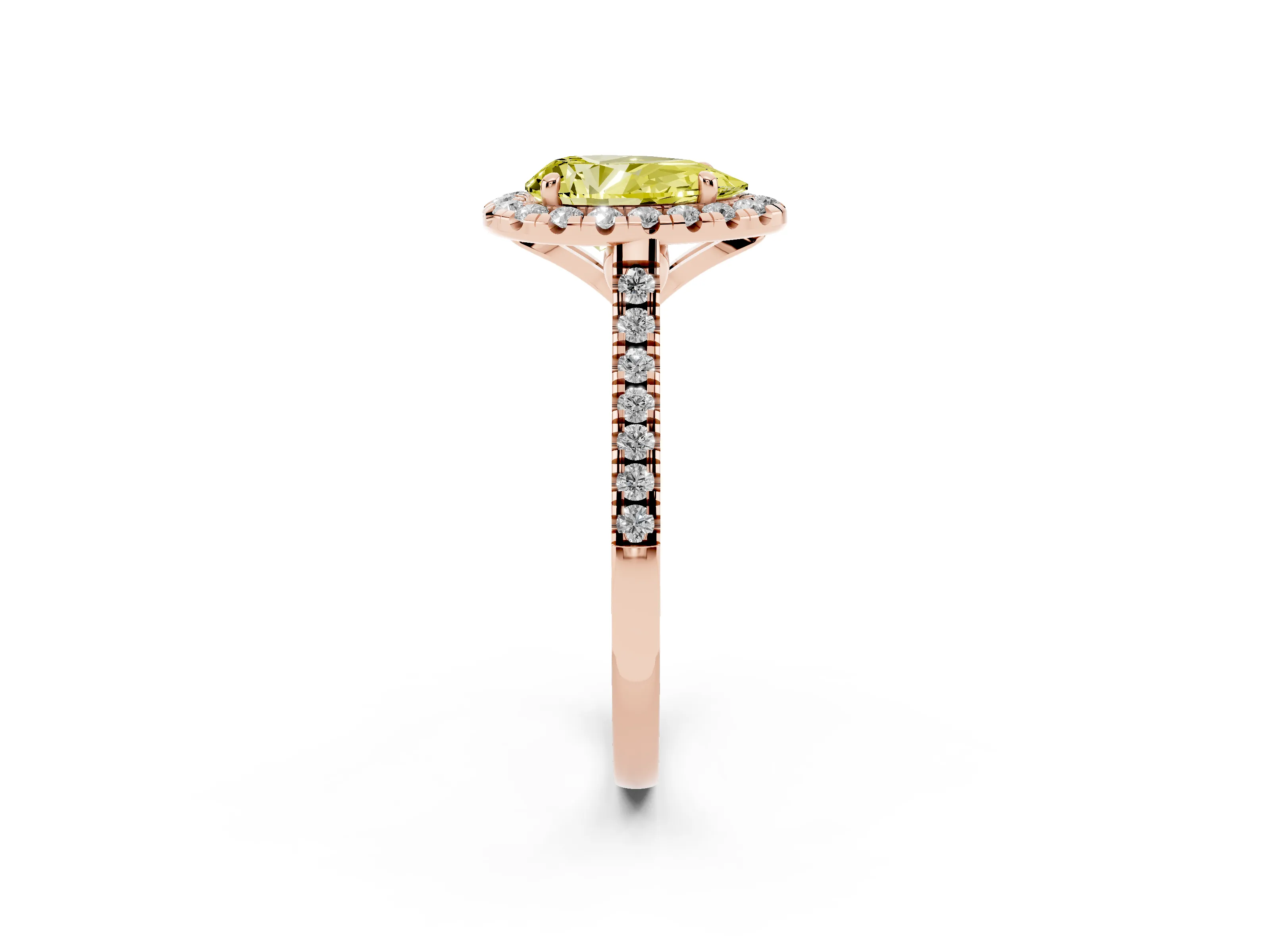Fancy Yellow Pear Cut Diamond Cushion Halo Ring Set in Rose gold with Pavé Band
