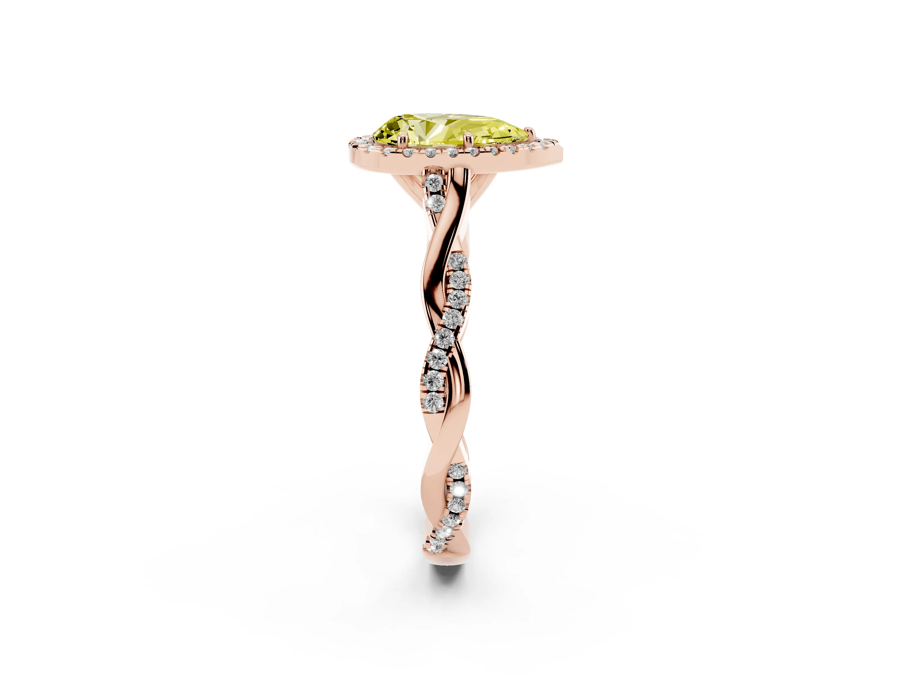 Fancy Yellow Pear Cut Diamond Halo Twist Band Solitaire Ring Set in Rose gold with Prong Setting