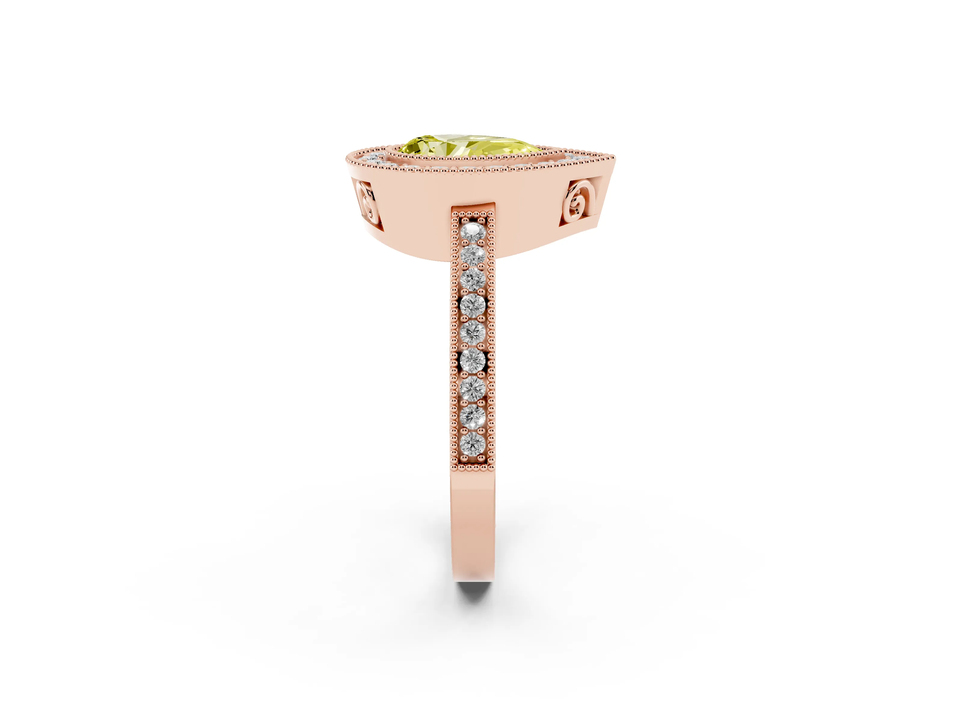 Fancy Yellow Pear Cut Diamond Round Halo Ring Set in Rose gold with Pavé Band
