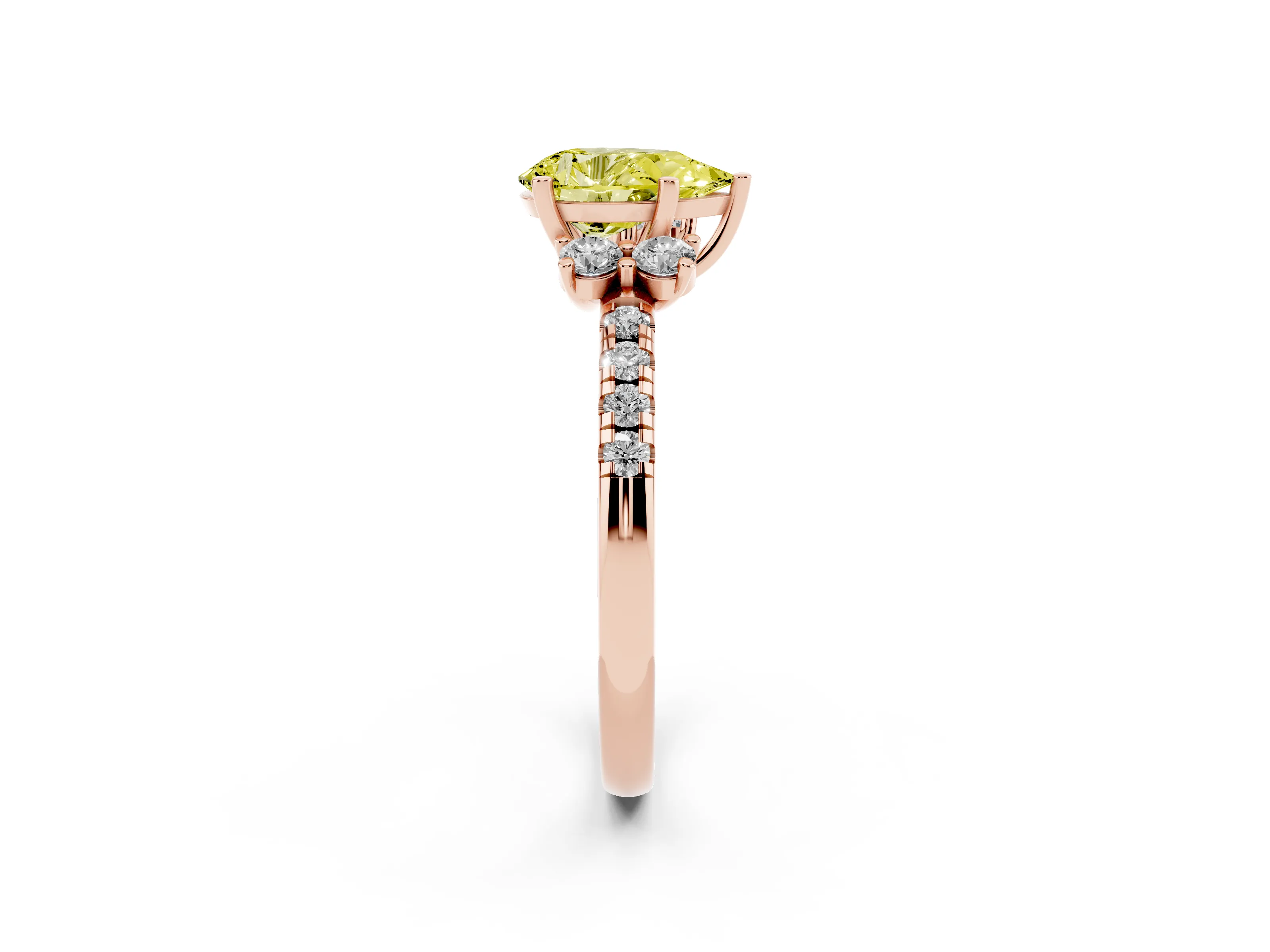 Fancy Yellow Pear Cut Diamond Three-Stone Pavé Ring Set in Rose gold with Prong Setting
