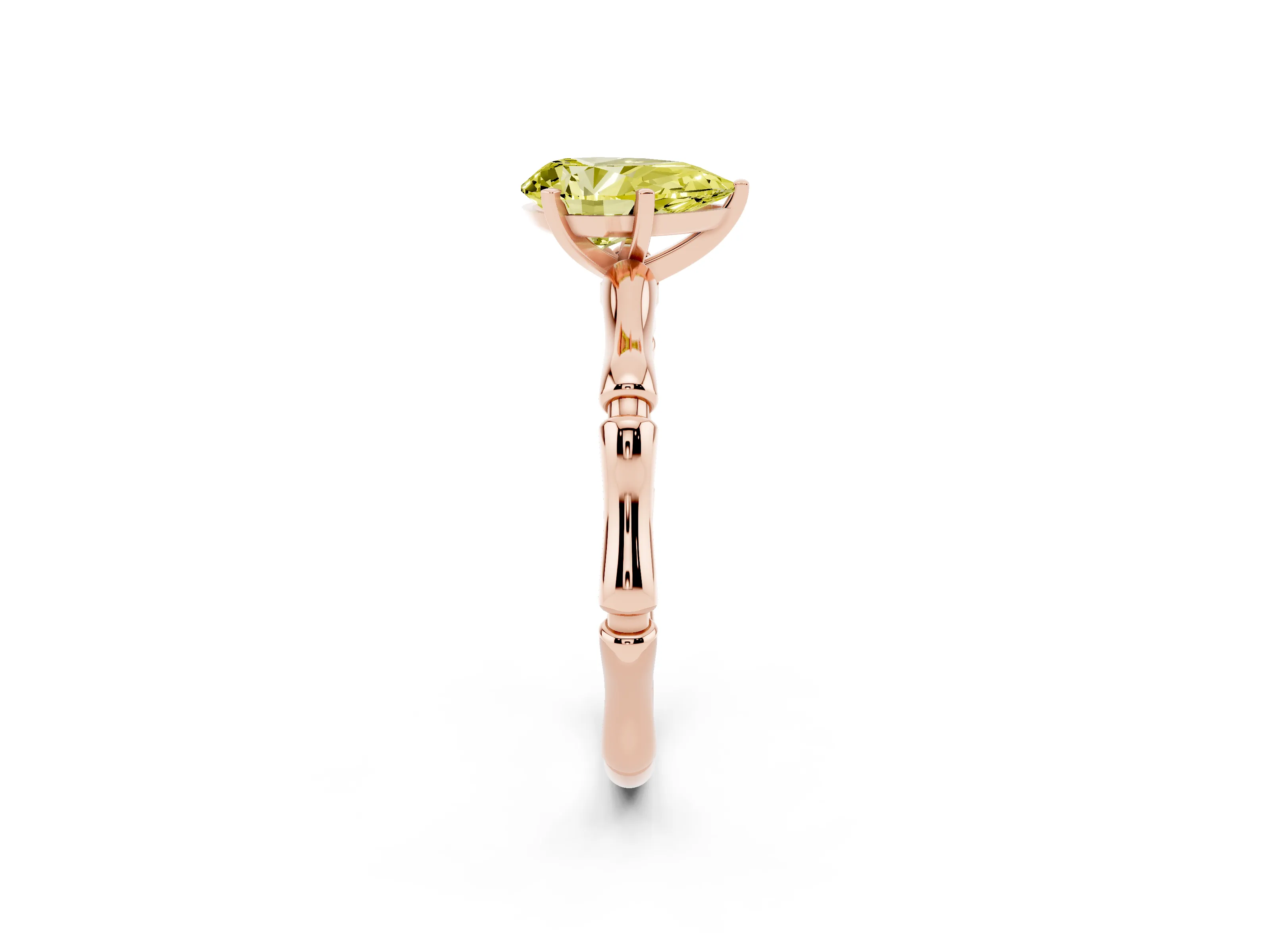 Fancy Yellow Pear Cut Diamond Solitaire Ring Set in Rose gold with Bamboo Band and Prong Setting