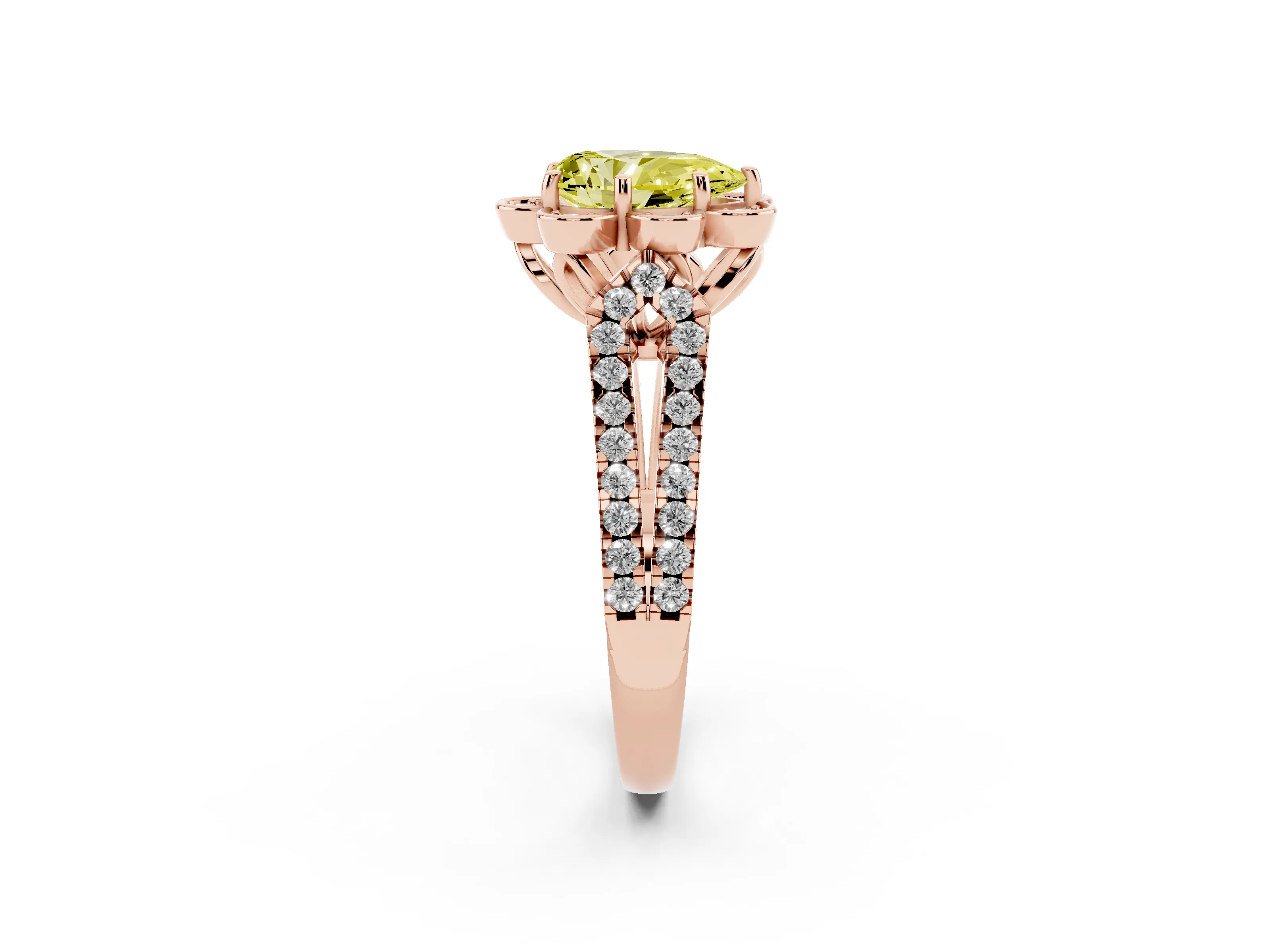 Fancy Yellow Pear Cut Diamond Floral Halo Split Shank Engagement Ring Set in Rose gold with Pavé Shank