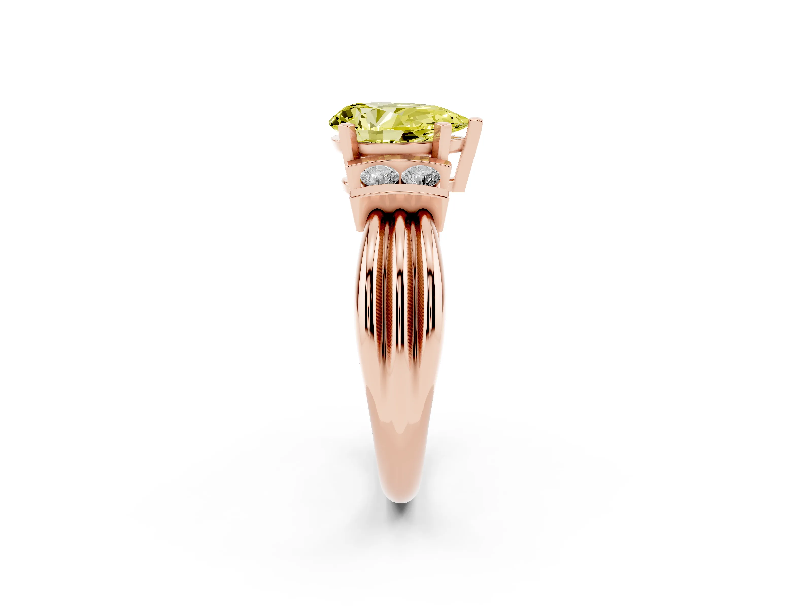 Fancy Yellow Three-Stone Pear Cut Diamond Channel Set Ring Set in Rose gold with Bar Prongs