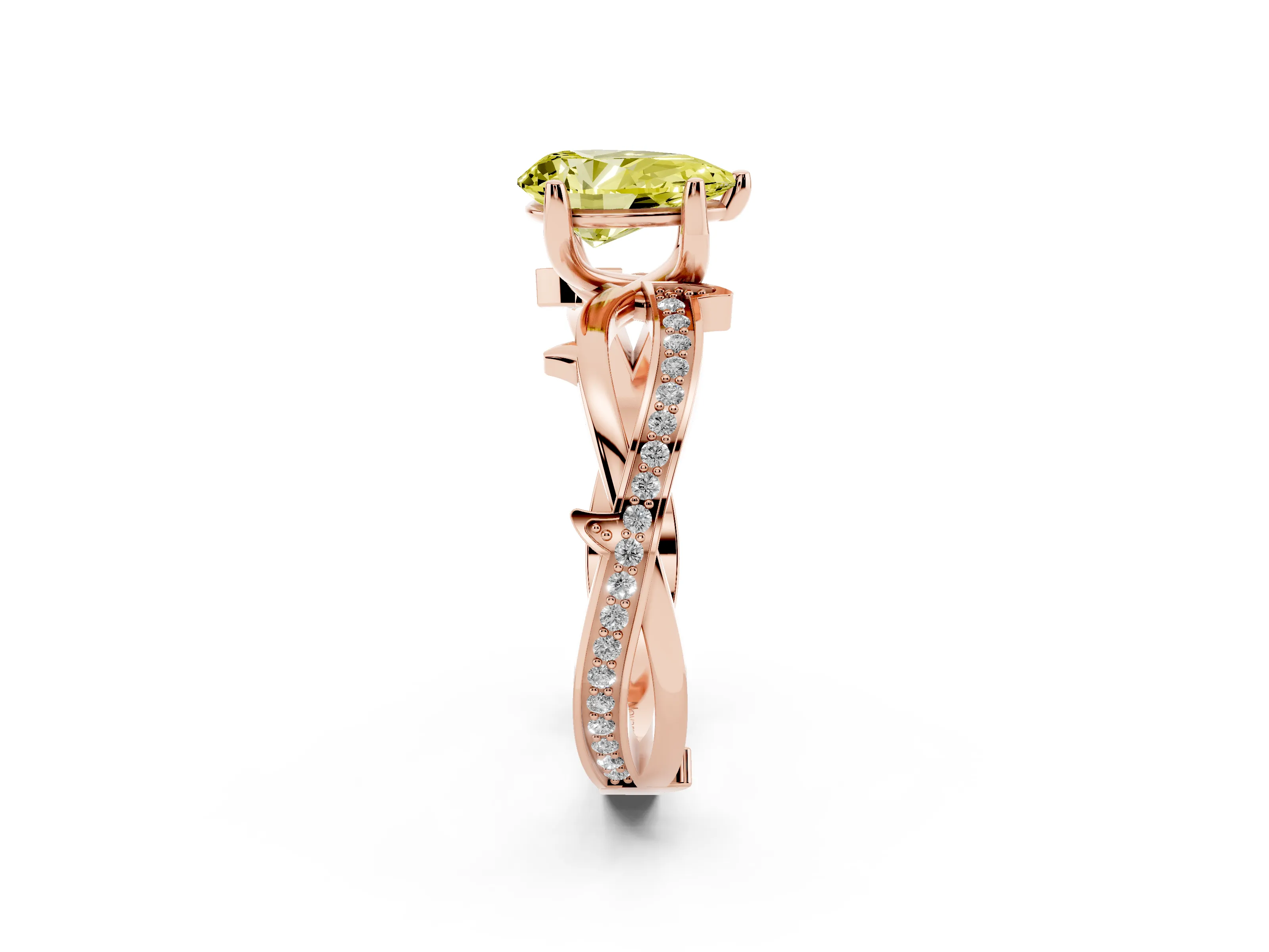 Fancy Yellow Pear Cut Diamond Pavé Twist Band Solitaire Ring Set in Rose gold with Prong Setting
