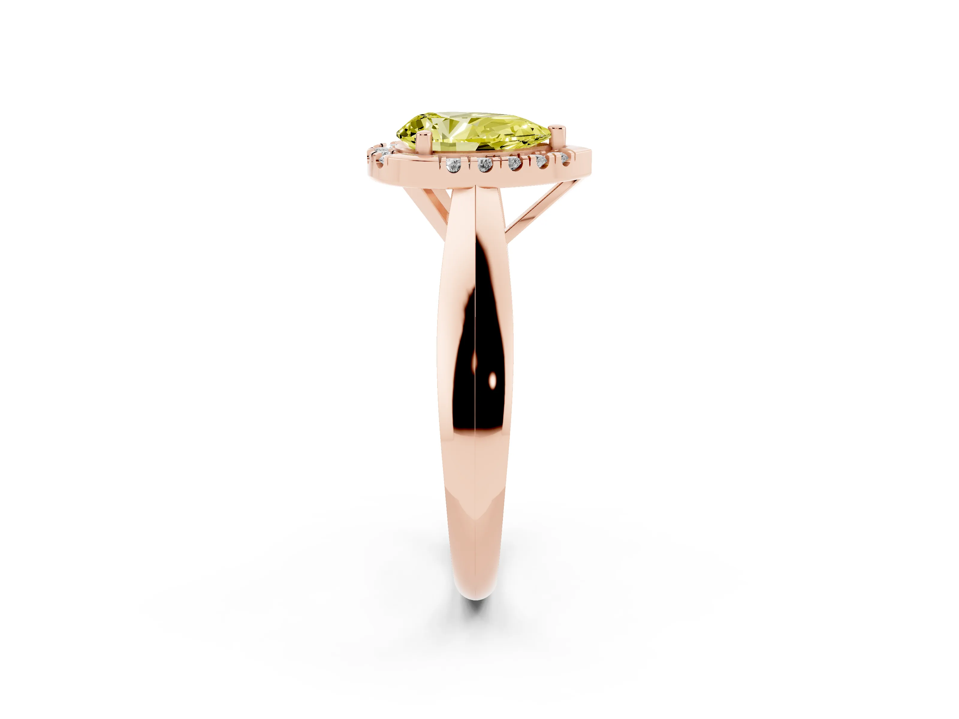 Fancy Yellow Pear Cut Diamond Halo Solitaire Engagement Ring Set in Rose gold with Square Band and Prong Setting