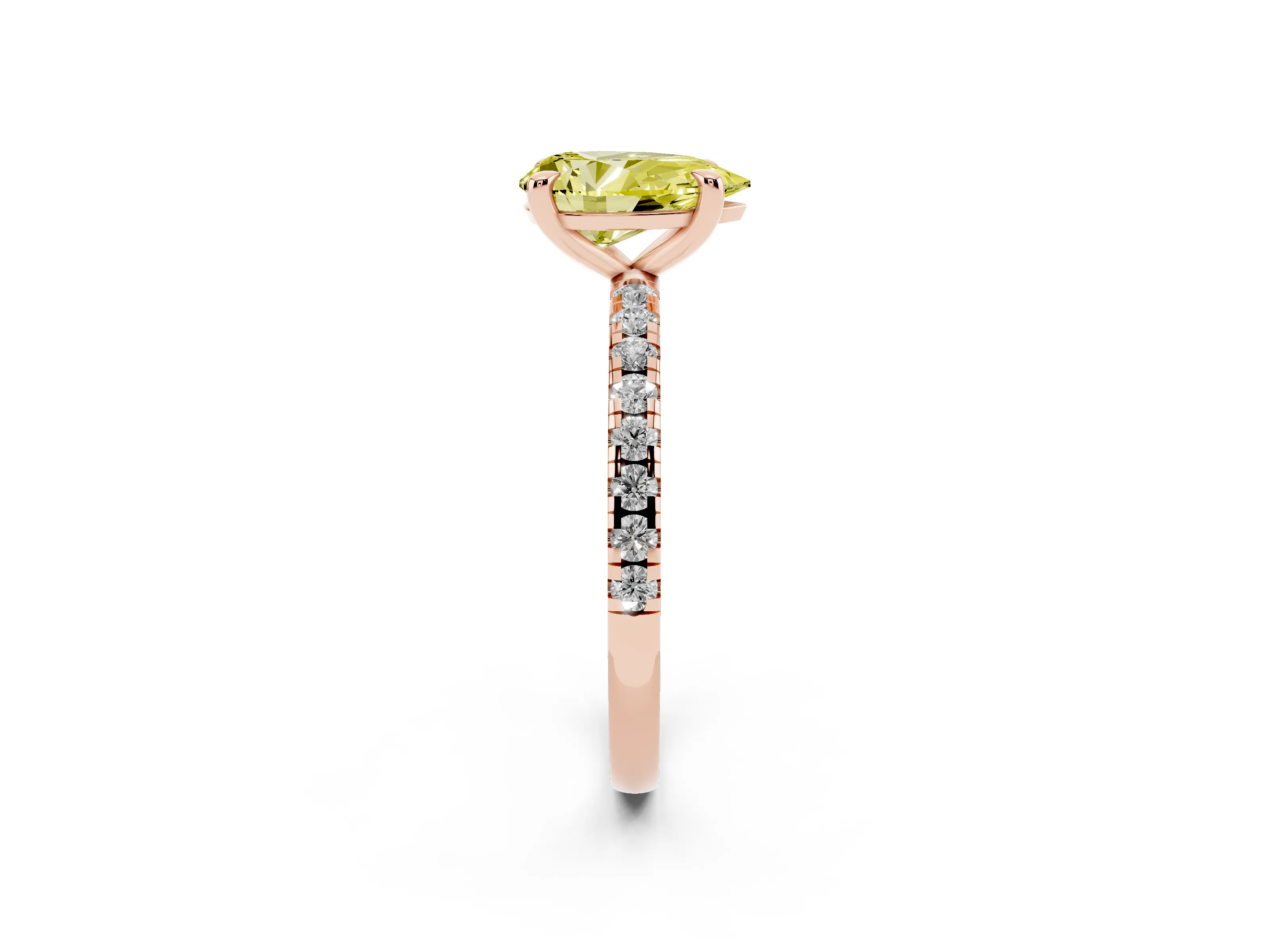 Fancy Yellow Pear Cut Diamond Brilliant Solitaire Ring Set in Rose gold with Pavé Band and Prong Setting
