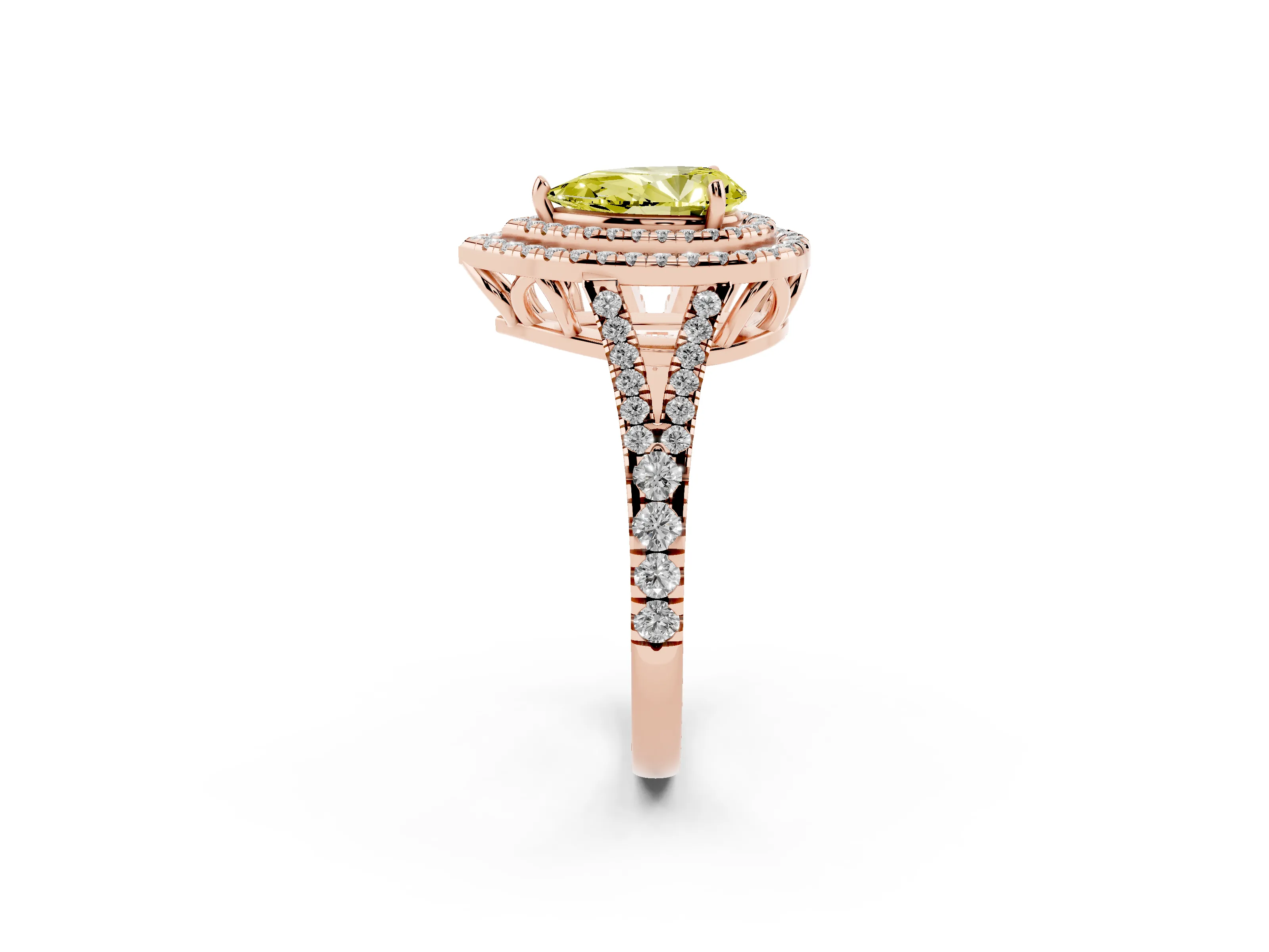Fancy Yellow Pear Cut Diamond Double Halo Ring Set in Rose gold with Pavé Band