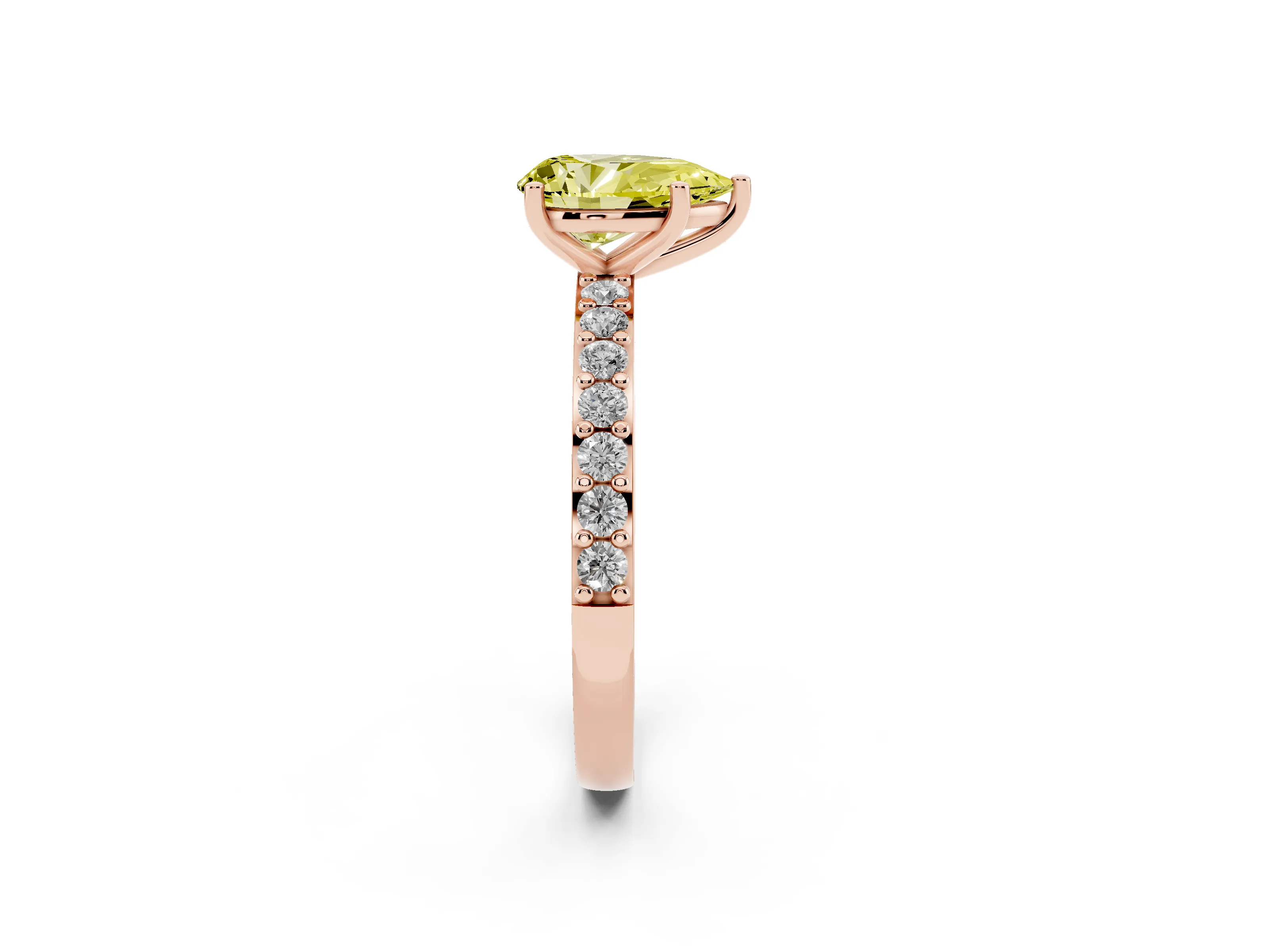Fancy Yellow Pear Cut Diamond Solitaire Set in Rose gold with Round Pavé Band and Prong Setting