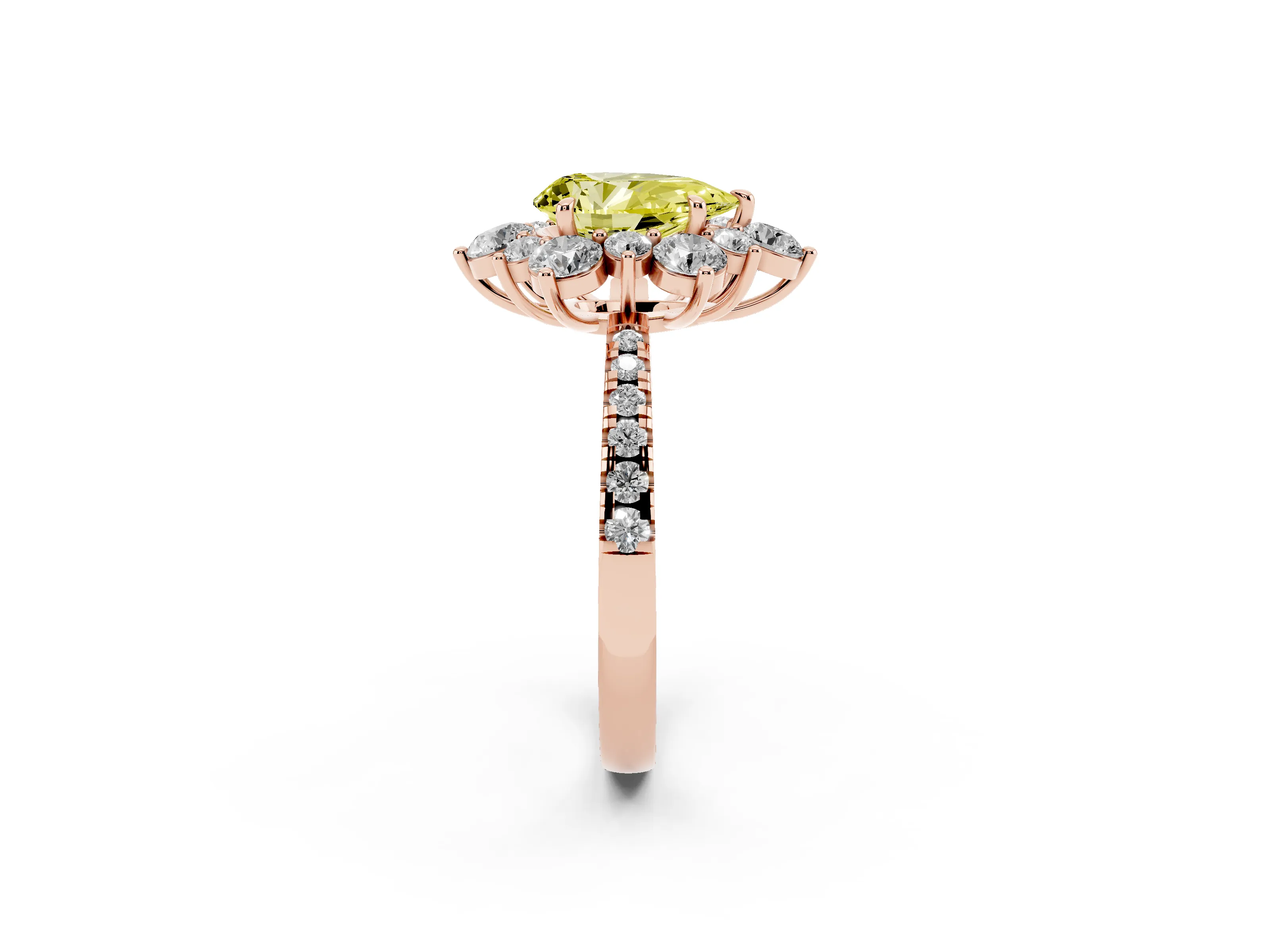 Fancy Yellow Pear Cut Diamond Floral Halo Ring Set in Rose gold with Round Pavé Band and Prong Setting