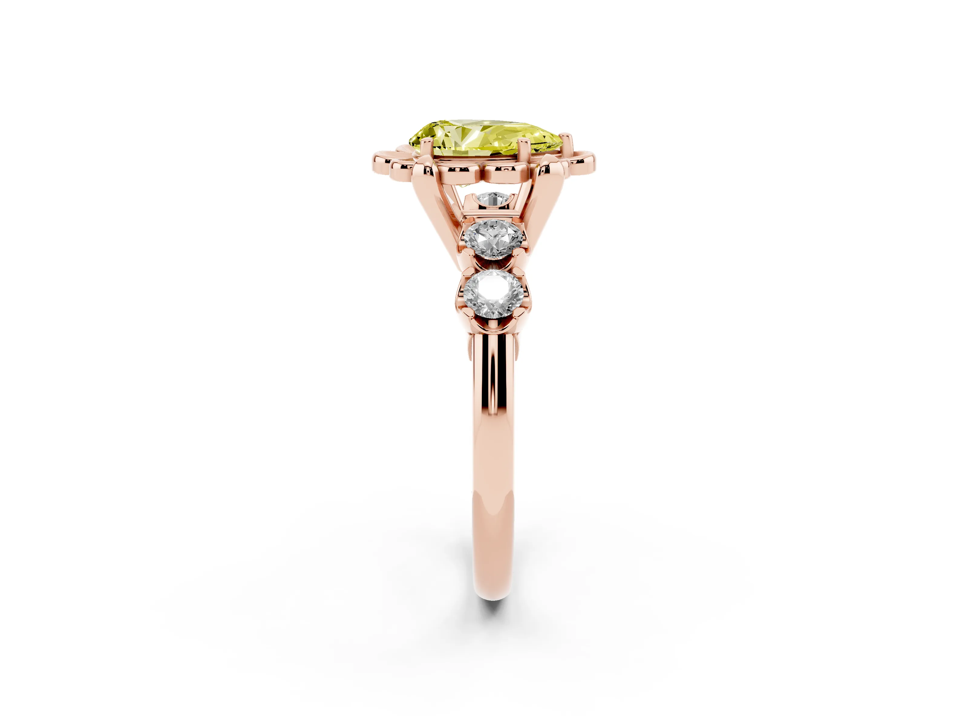 Fancy Yellow Pear Cut Diamond Floral Halo Ring Set in Rose gold with Shared Prong Band
