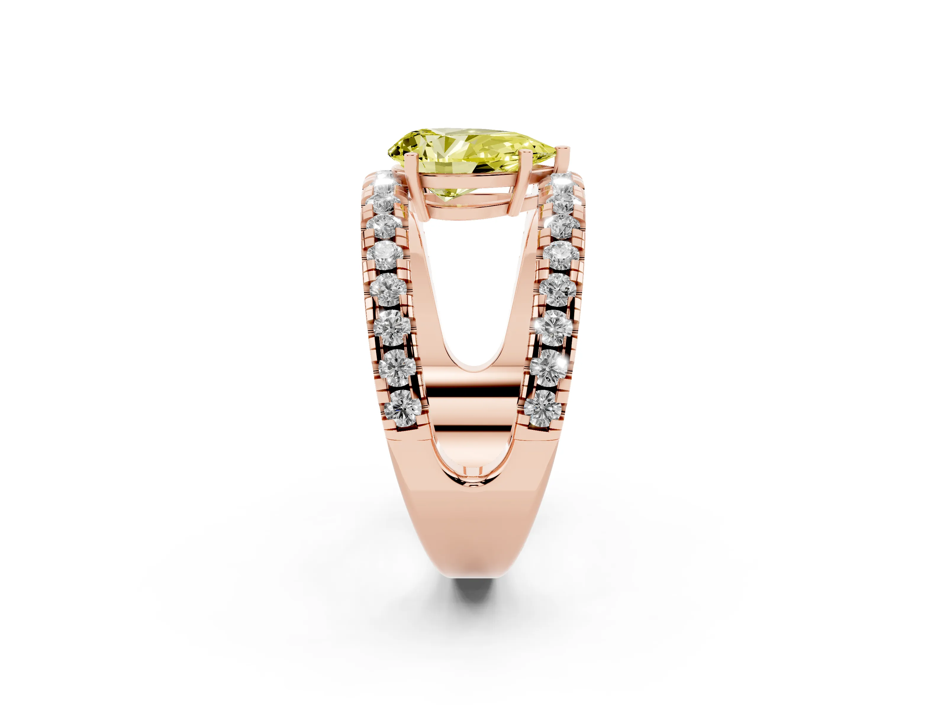 Fancy Yellow Pear Cut Diamond Split Shank Pavé Solitaire Ring Set in Rose gold with Open Shank Design