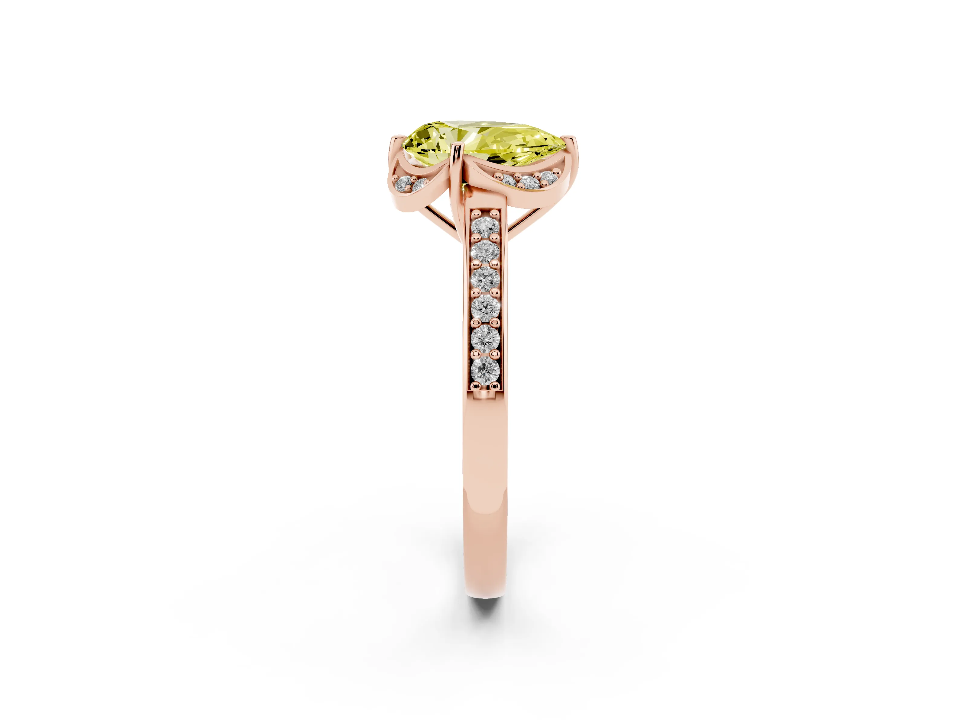Fancy Yellow Pear Cut Diamond Halo Ring Set in Rose gold with Channel Set Band and Prong Setting