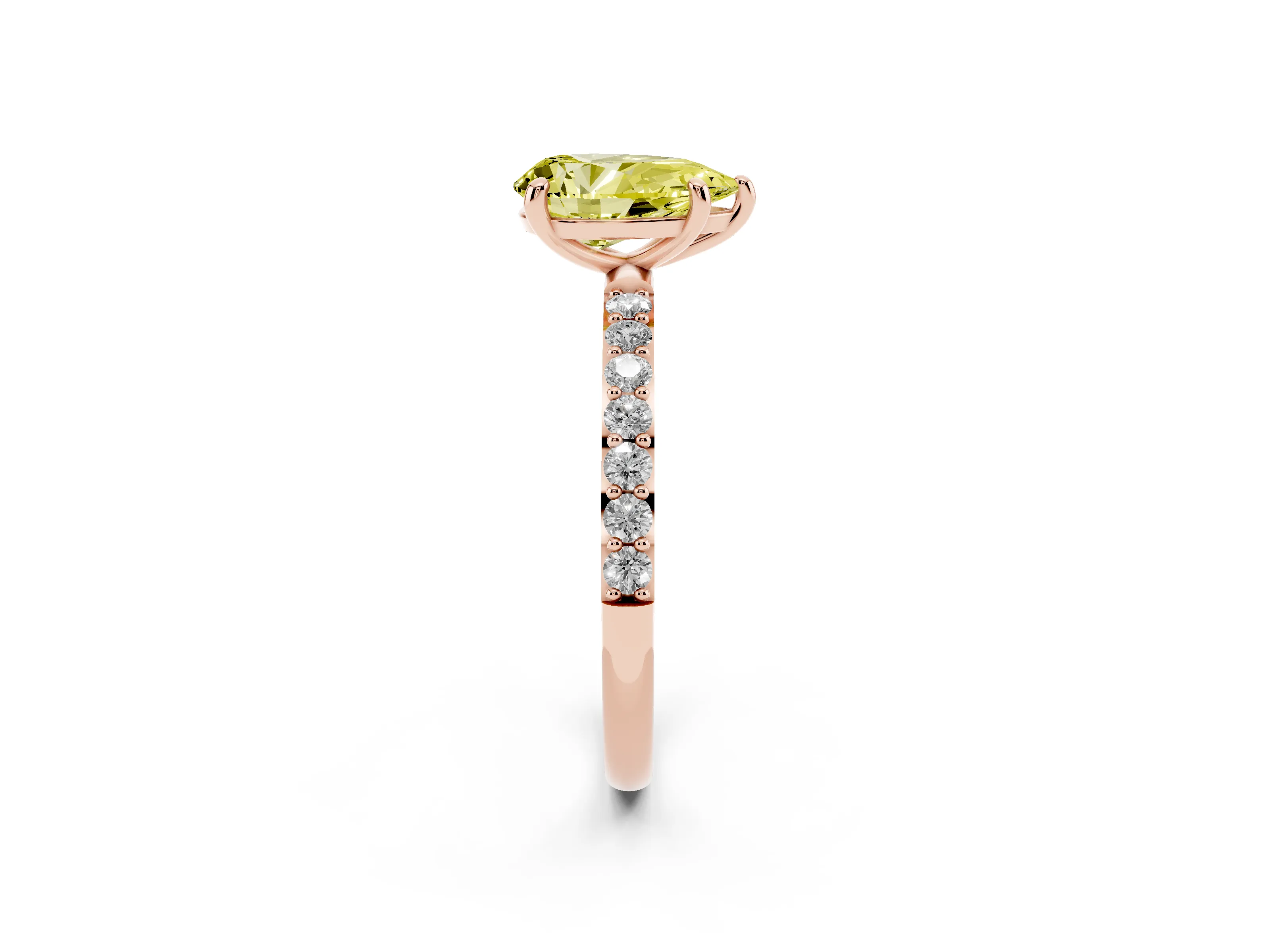 Fancy Yellow Pear Cut Diamond Solitaire Ring Set in Rose gold with Round Pavé Band and Prong Setting