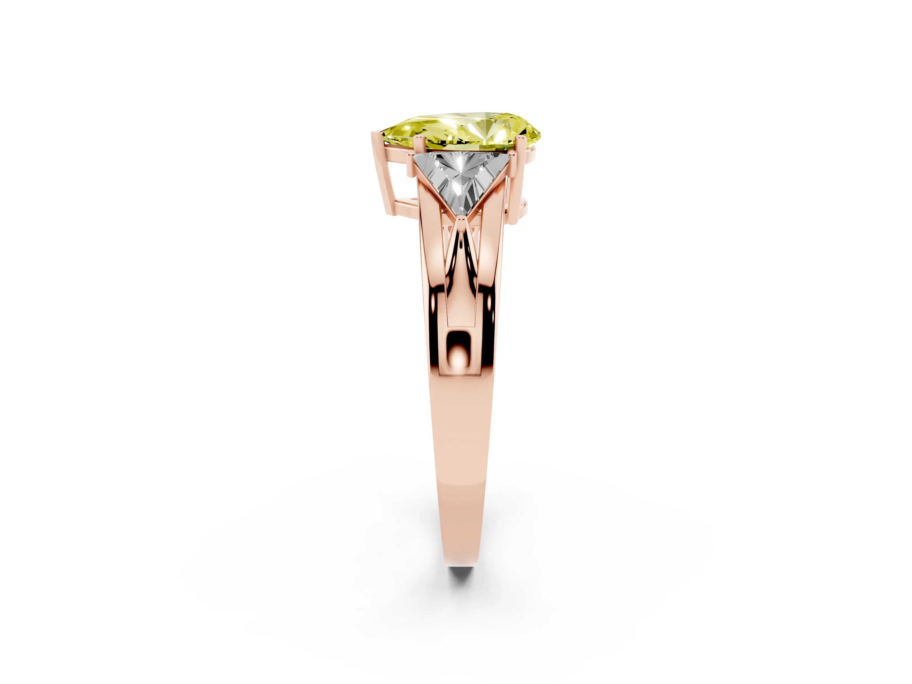 Fancy Yellow Pear Cut Diamond Three-Stone Ring Set in Rose gold with Trillion Side Stones and Split Shank