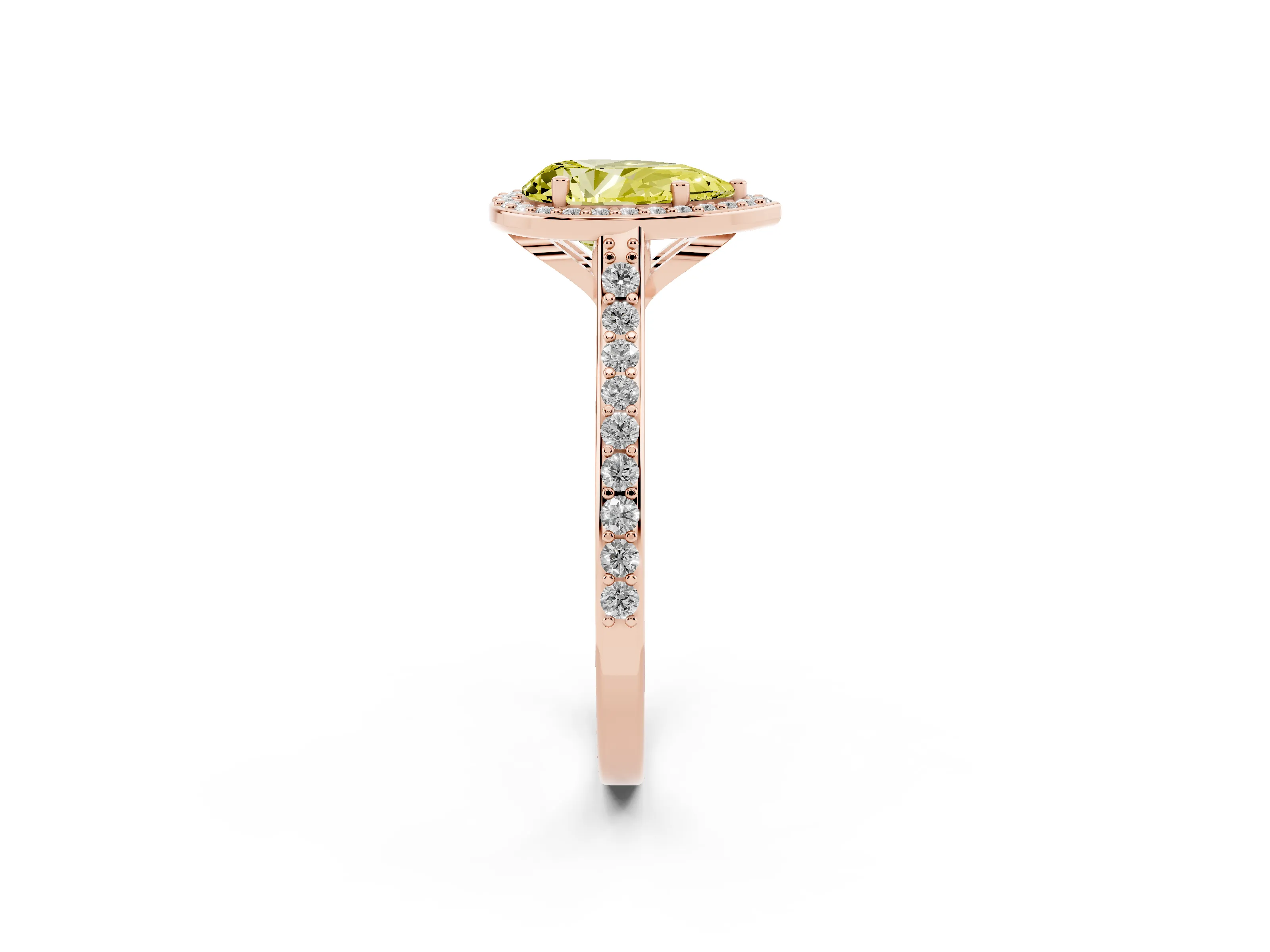 Fancy Yellow Pear Cut Diamond Halo Engagement Ring Set in Rose gold with Round Pavé Shoulders and Heart Gallery