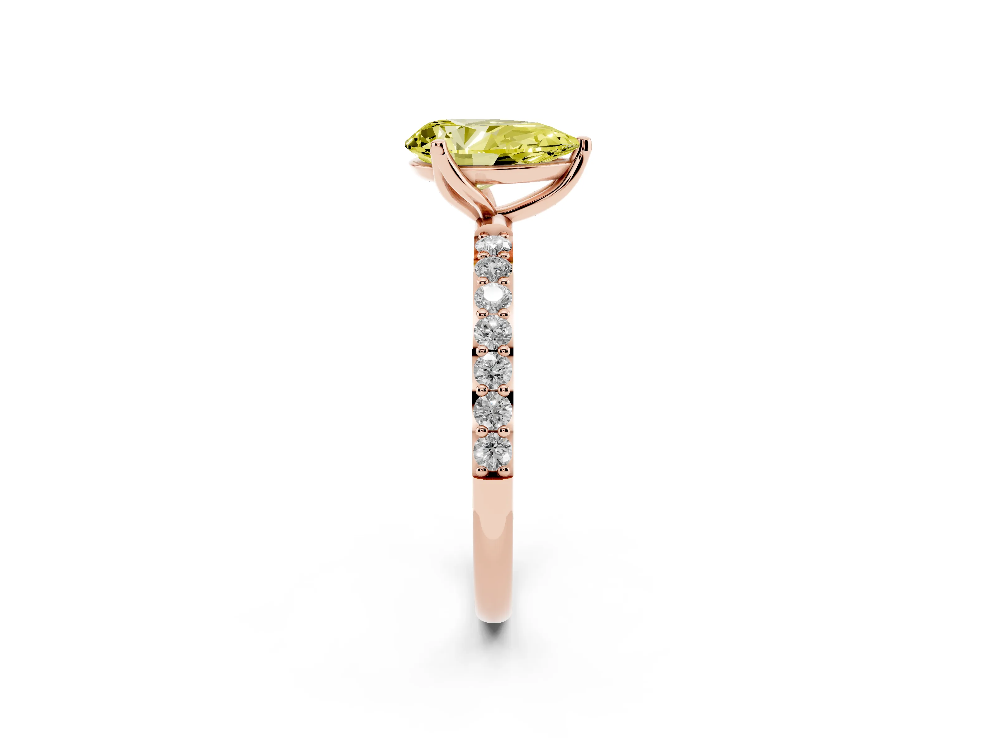 Fancy Yellow Pear Cut Diamond Solitaire Engagement Ring Set in Rose gold with Round Pavé Band and Prong Setting