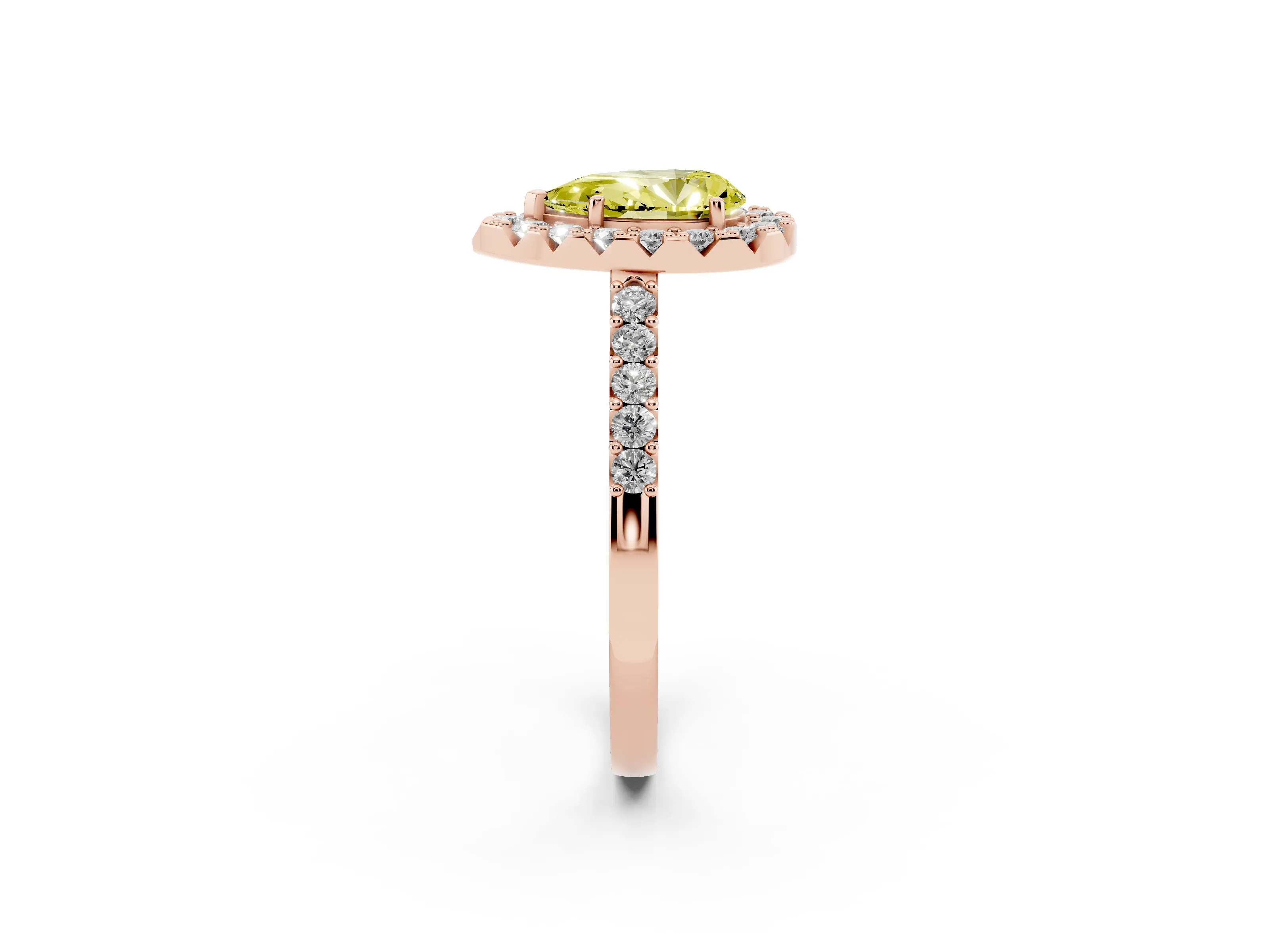 Fancy Yellow Pear Cut Diamond Halo Pavé Solitaire Ring Set in Rose gold with Prong-Set Center Stone
