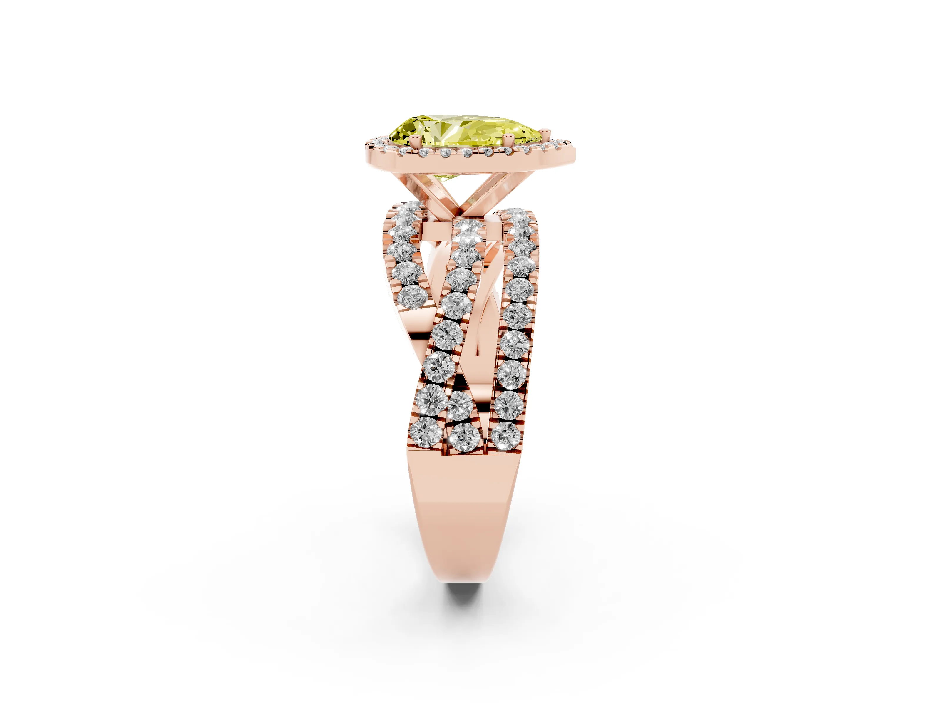 Fancy Yellow Pear Cut Diamond Halo Ring Set in Rose gold with Round Crossover Split Shank and Prong Setting