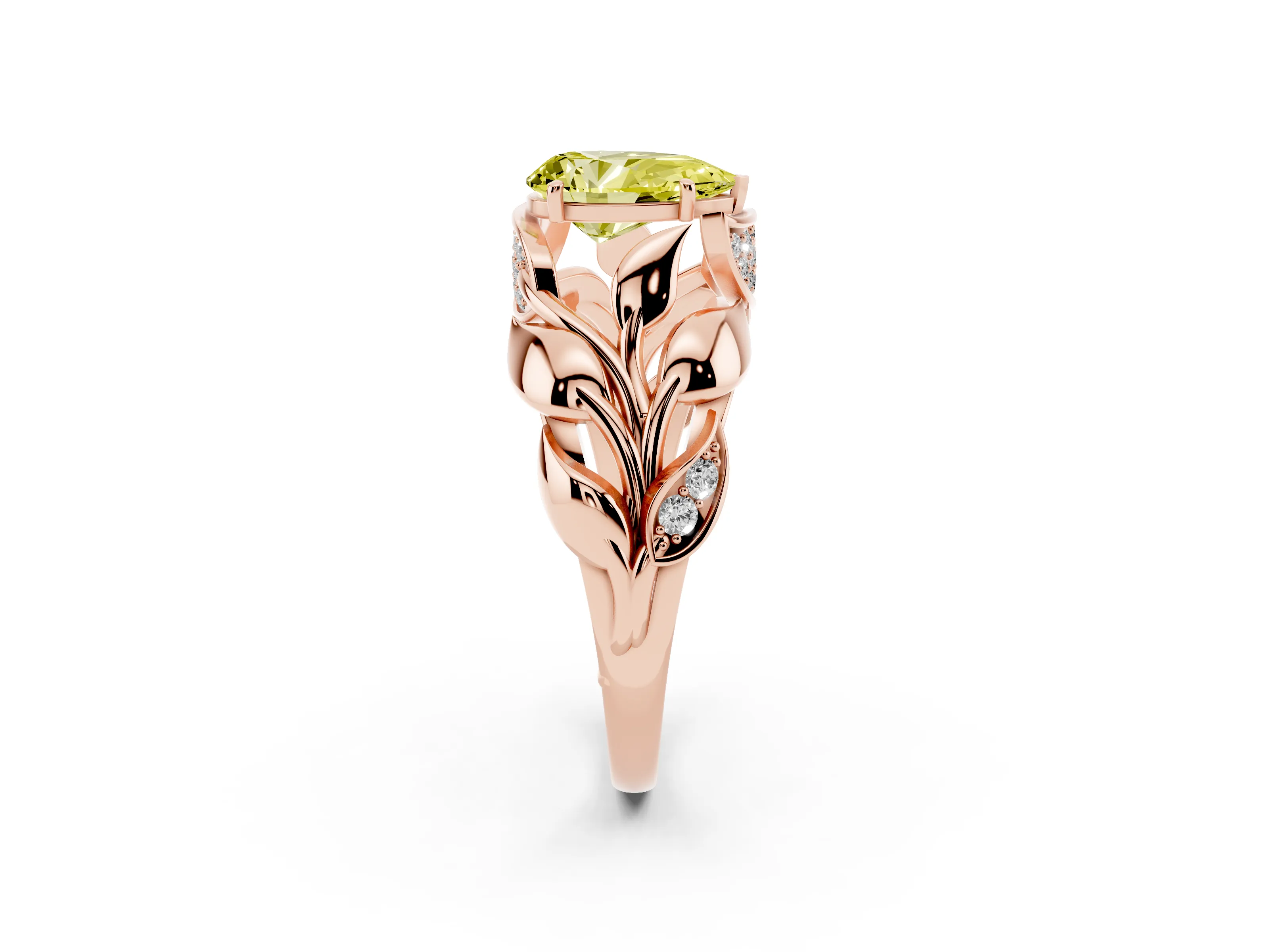 Fancy Yellow Pear Cut Diamond Leaf-Inspired Engagement Ring Set in Rose gold with Round Accents