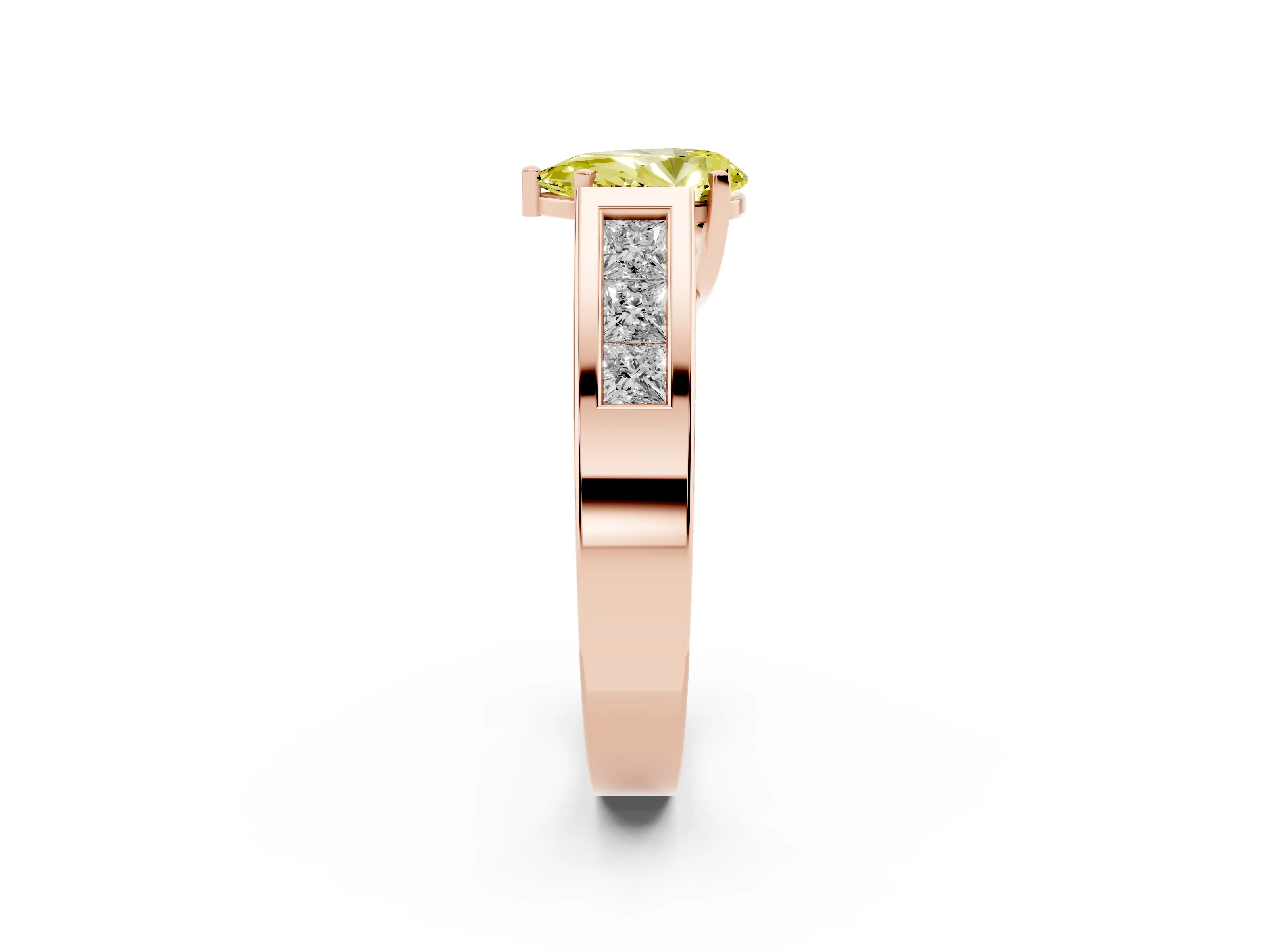 Fancy Yellow Pear Cut Diamond Solitaire Ring Set in Rose gold with Channel-Set Accent Stones and Prong Setting