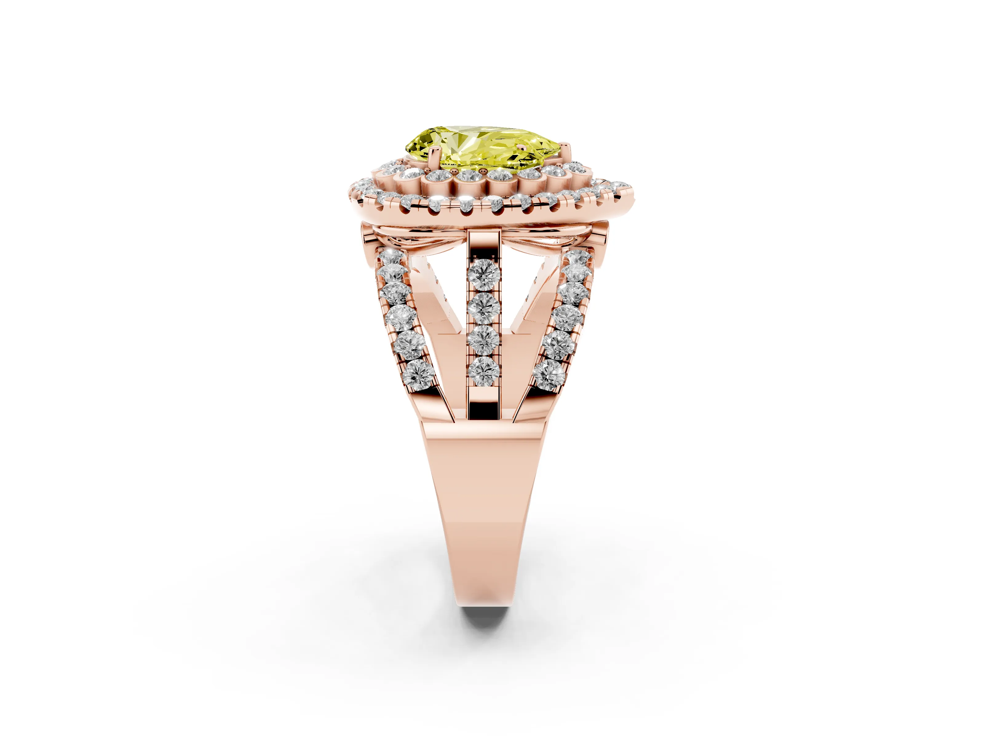 Fancy Yellow Pear Cut Diamond Double Halo Ring Set in Rose gold with Round Pavé Split Shank