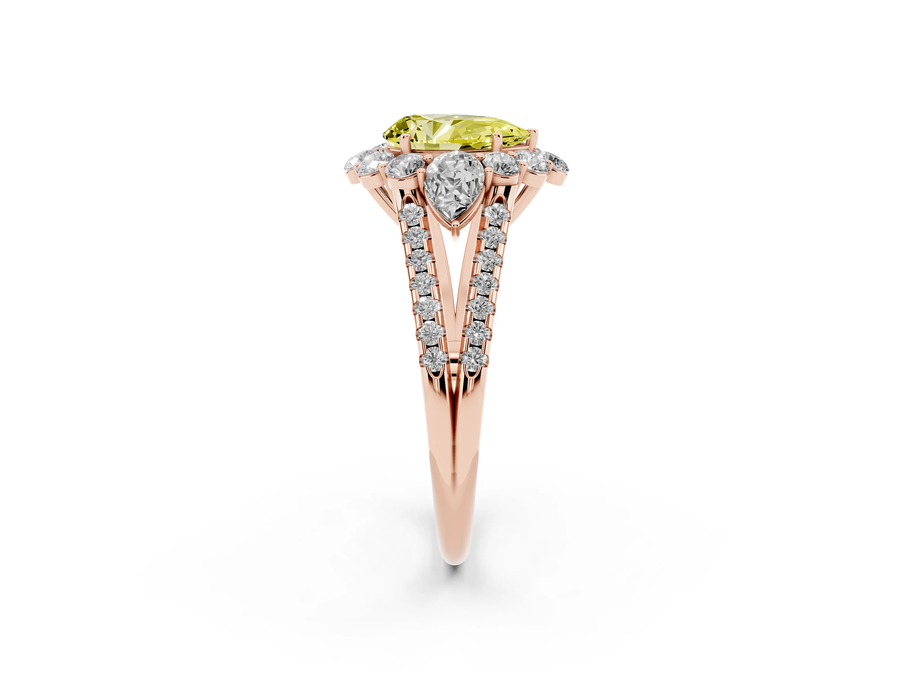 Fancy Yellow Pear Cut Diamond Halo Split Shank Engagement Ring Set in Rose gold with Prong-Held Center Stone