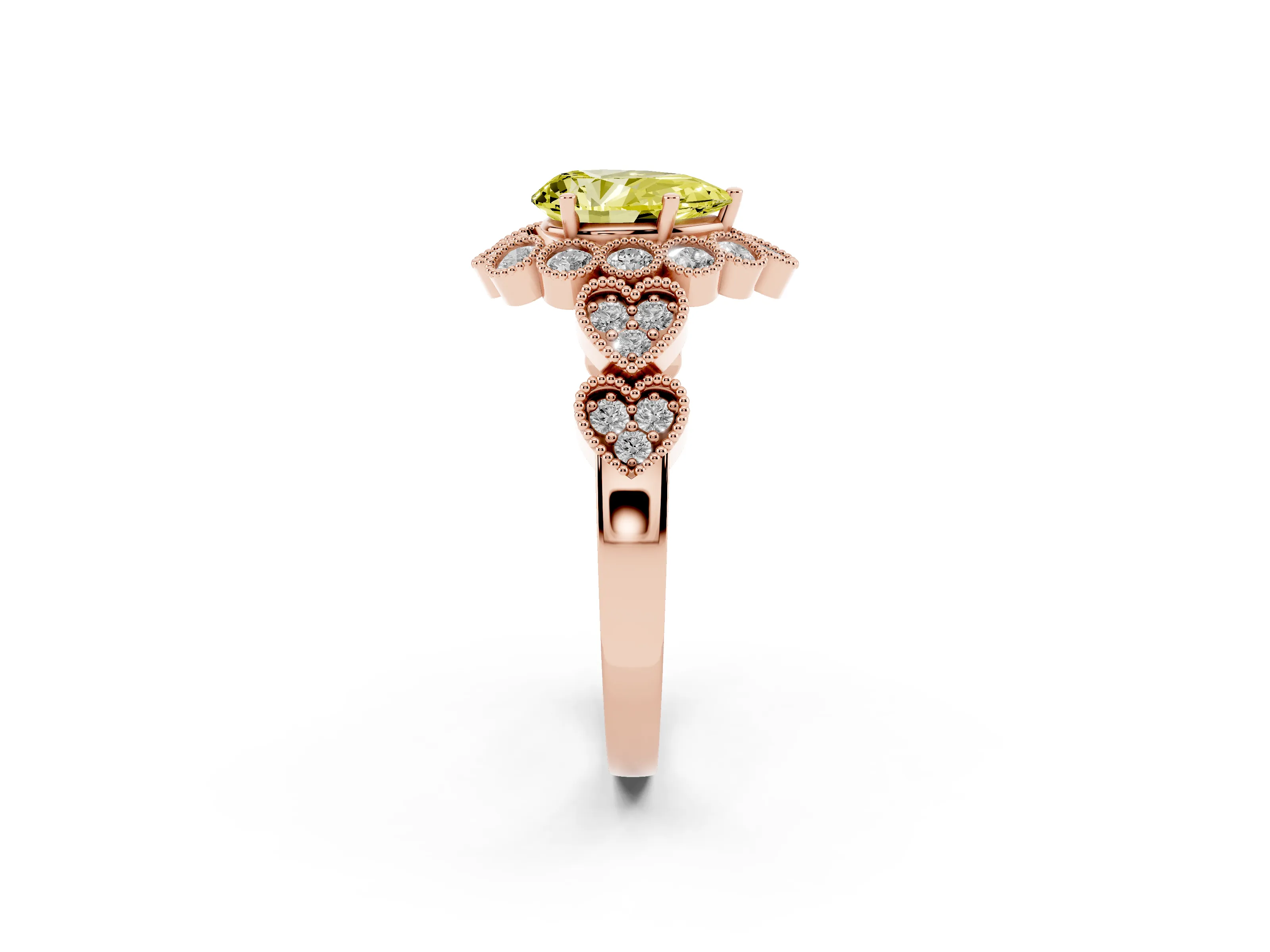 Fancy Yellow Pear Cut Diamond Solitaire Ring Set in Rose gold with Milgrain Pavé Heart Band