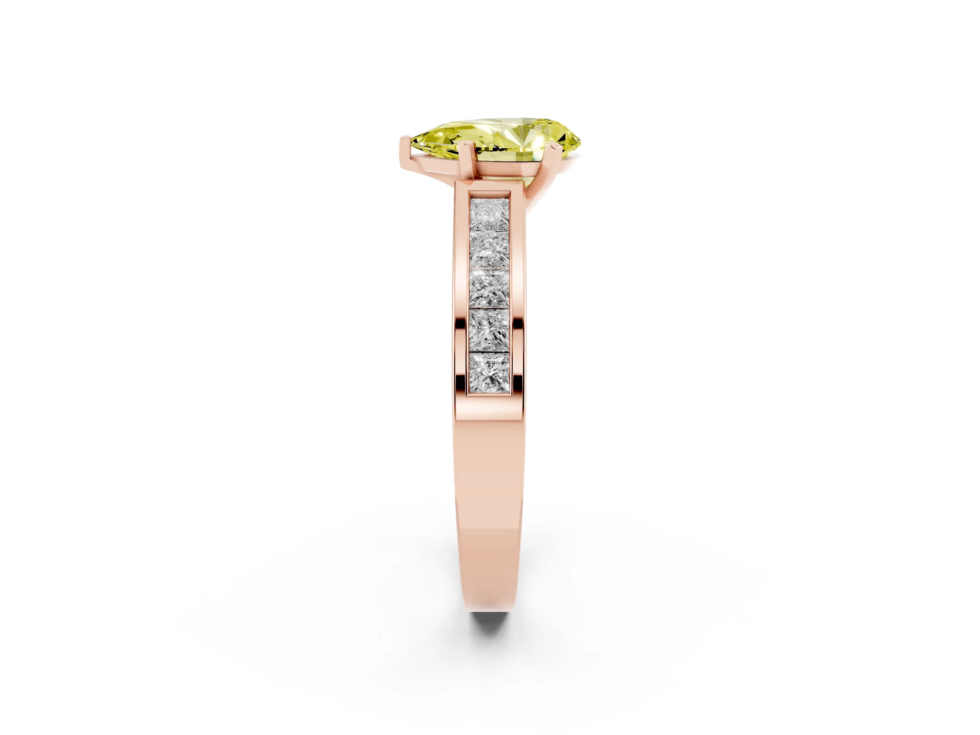 Fancy Yellow Pear Cut Diamond Solitaire Ring Set in Rose gold with Channel-Set Band and Prong Setting