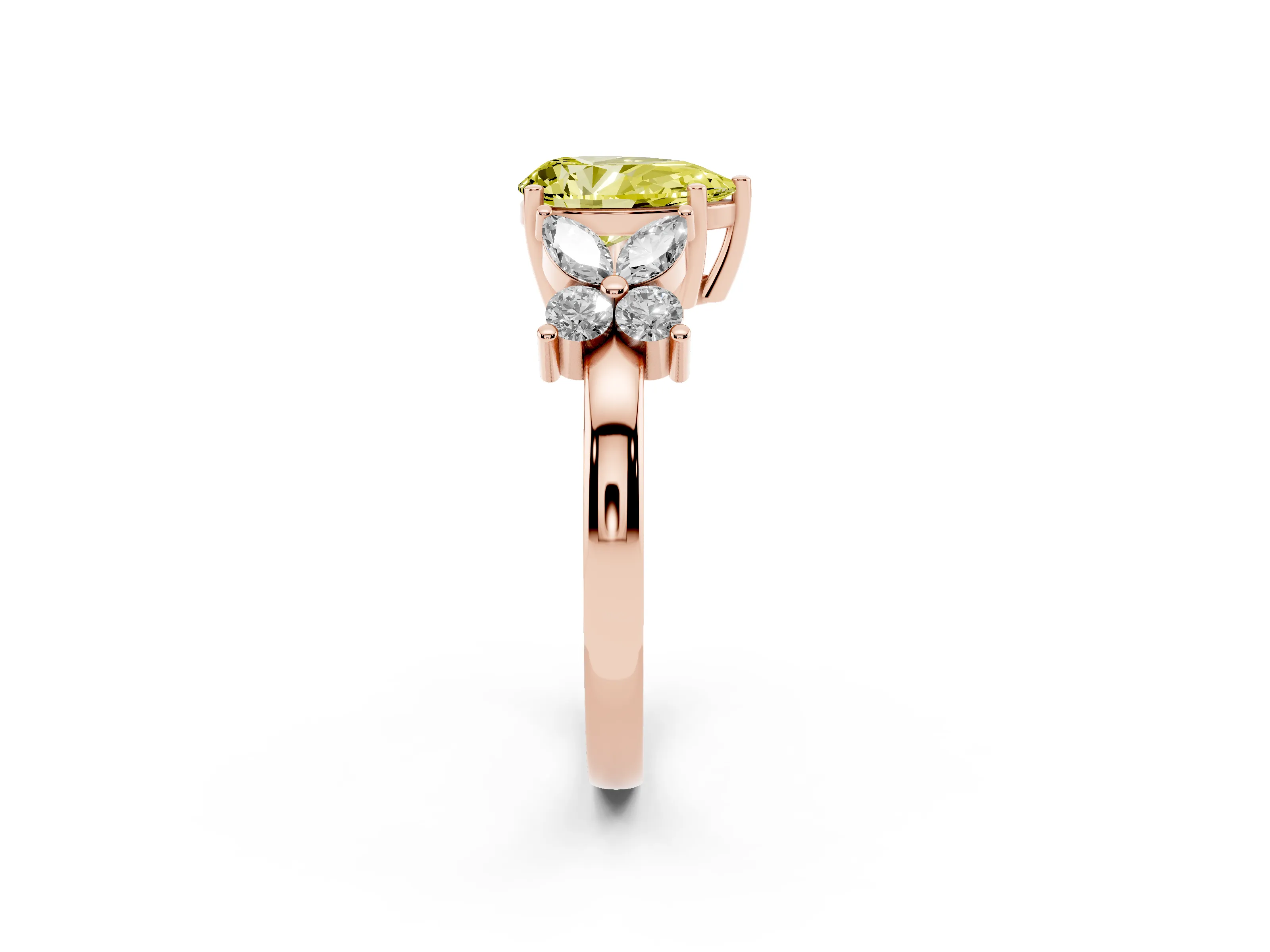 Fancy Yellow Pear Cut Diamond Floral Cluster Ring Set in Rose gold with Marquise Petals and Prong Setting