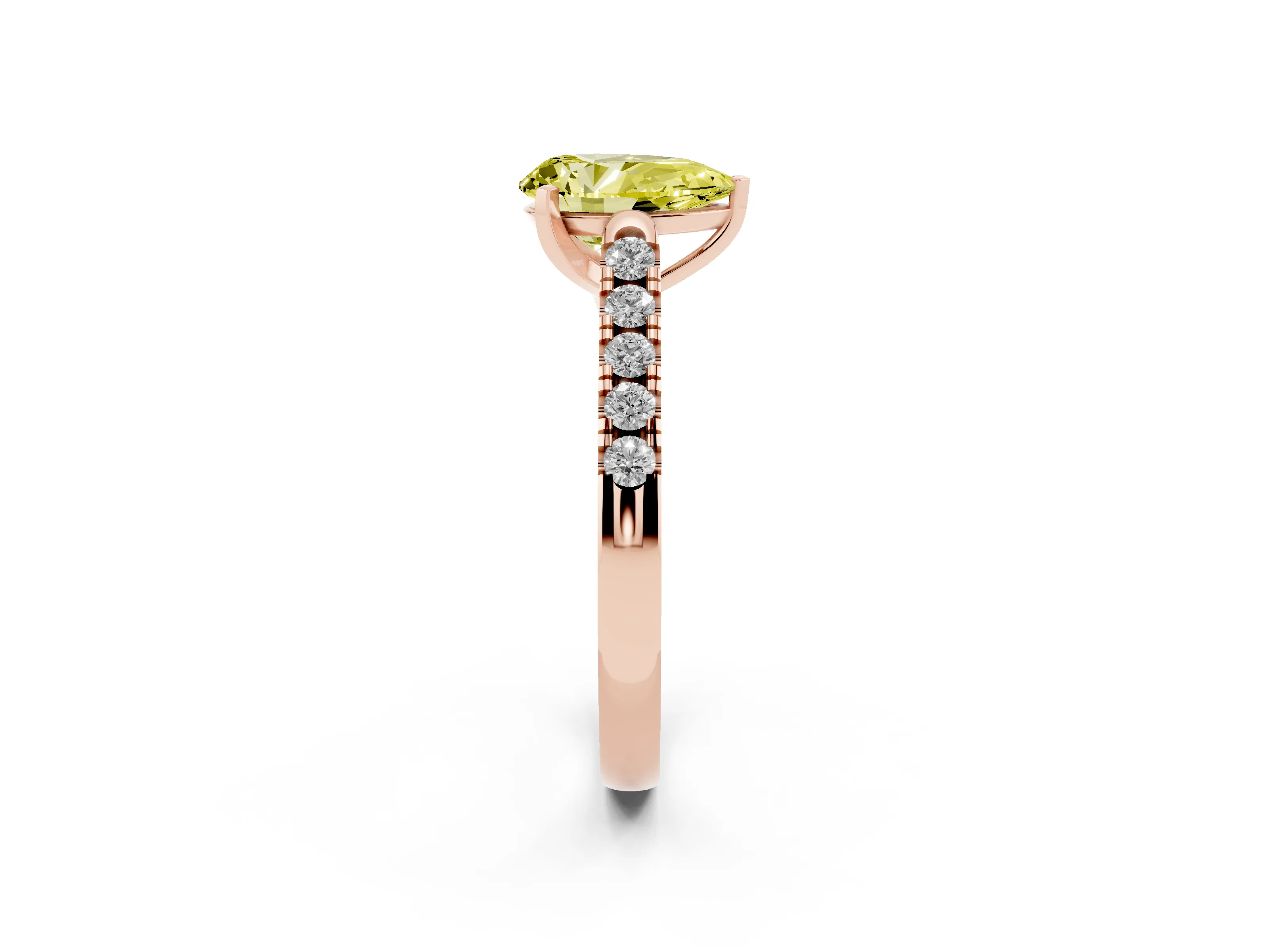 Fancy Yellow Pear Cut Diamond Pavé Band Solitaire Ring Set in Rose gold with Partway Accent Stones and Prong Setting