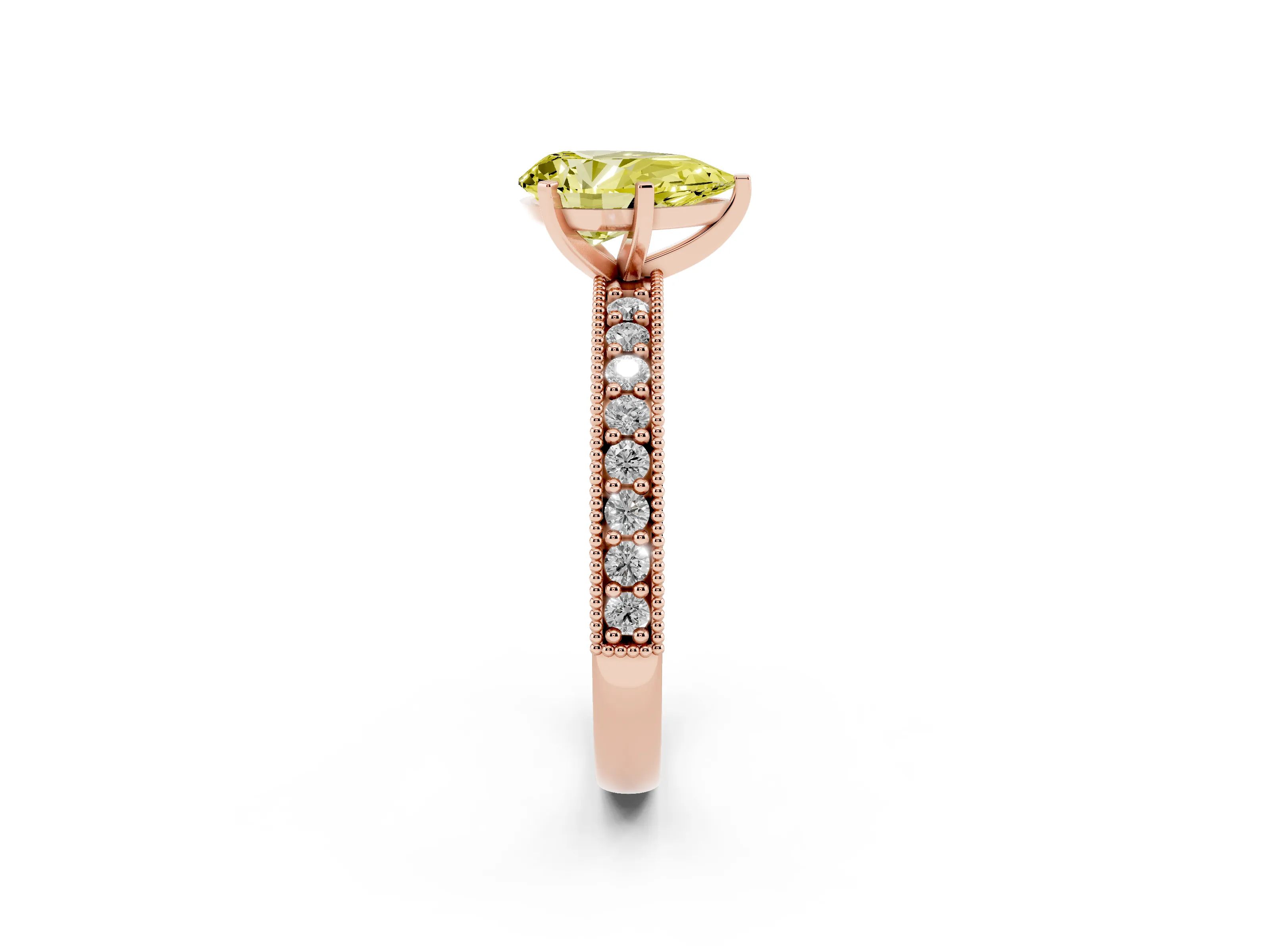 Fancy Yellow Pear Cut Diamond Milgrain Pavé Engagement Ring Set in Rose gold with Prong Setting