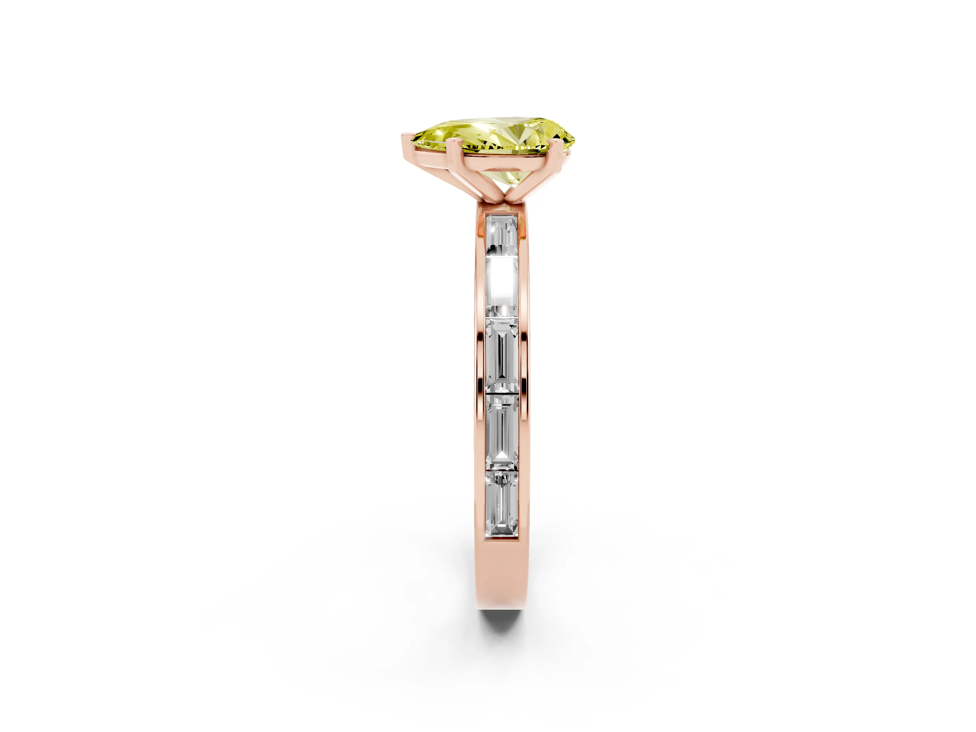 Fancy Yellow Pear Cut Diamond Solitaire Ring Set in Rose gold with Channel-Set Baguette Band and Prong Setting