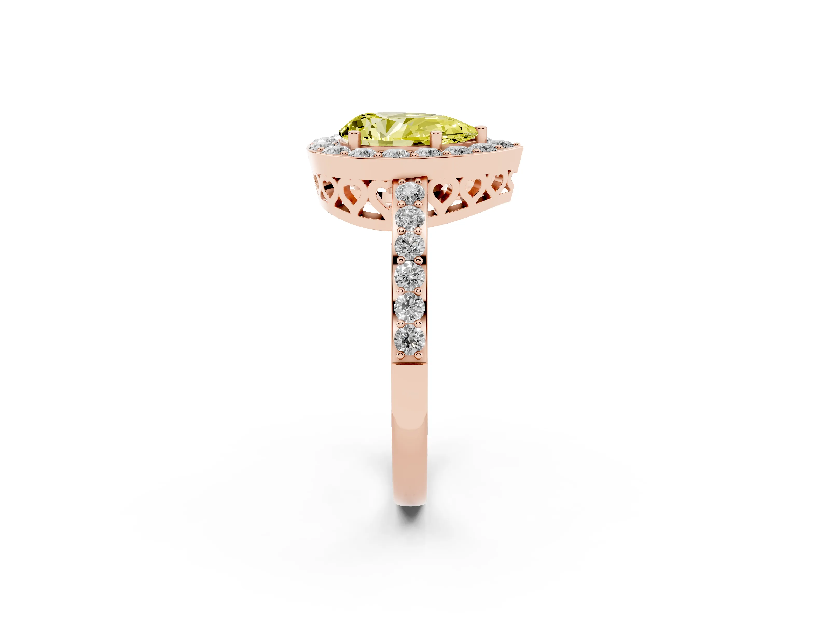 Fancy Yellow Pear Cut Diamond Halo Ring Set in Rose gold with Pavé-Setting Band and Open Prong Center