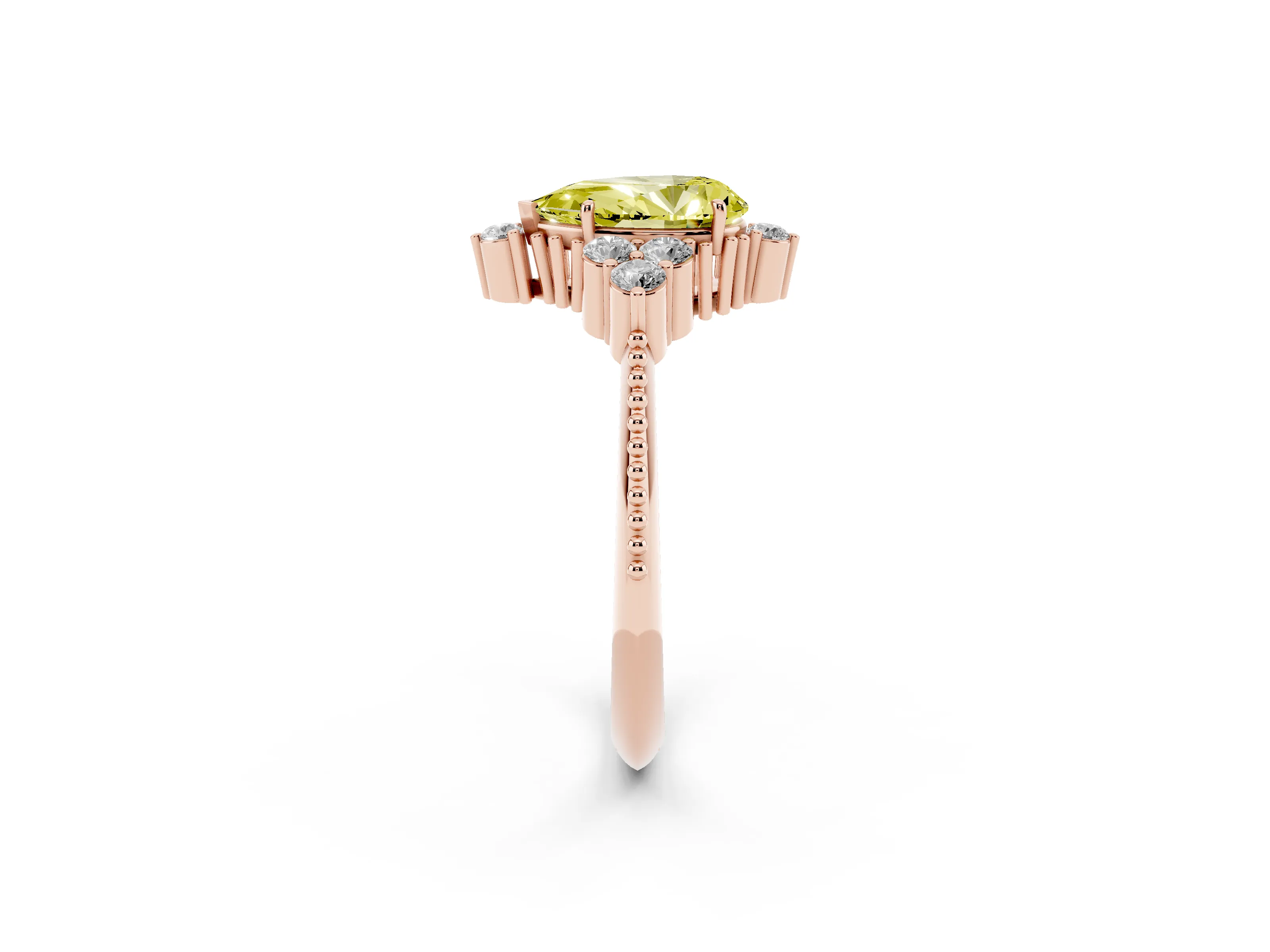 Fancy Yellow Pear Cut Diamond Cluster Ring Set in Rose gold with Beaded Band