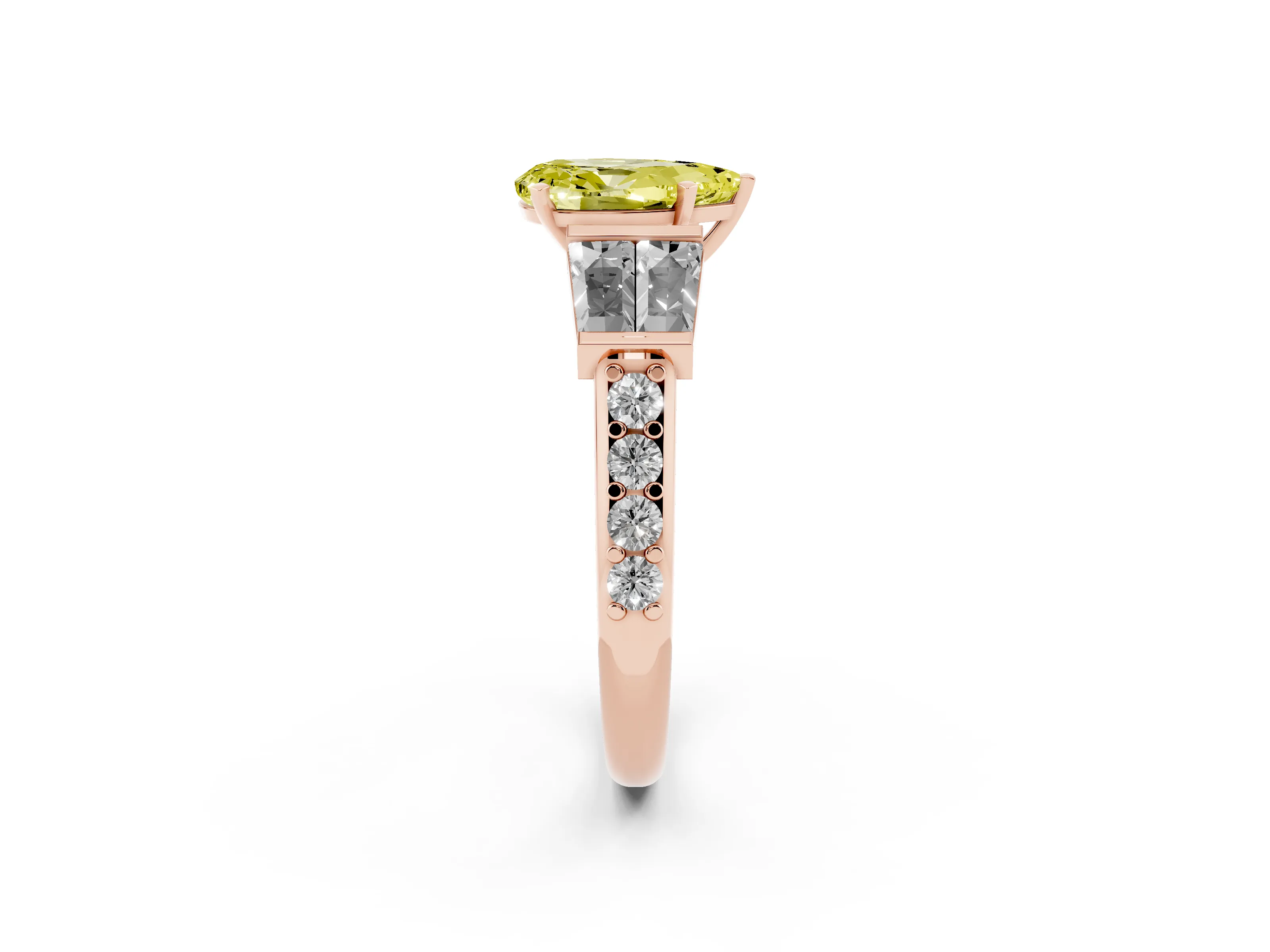 Fancy Yellow Pear Cut Diamond Engagement Ring Set in Rose gold with Baguette Side Stones and Channel Set Band