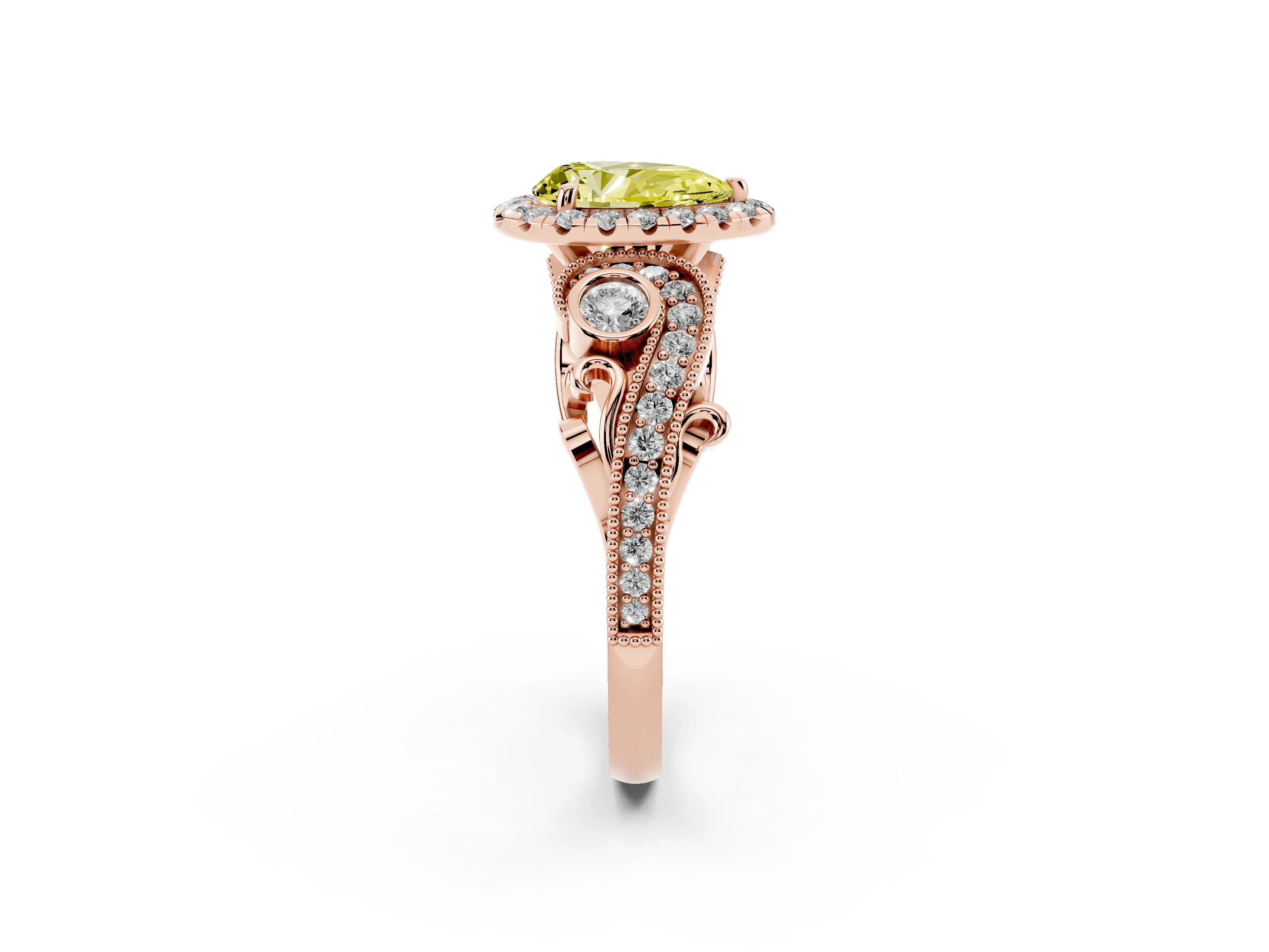 Fancy Yellow Pear Cut Diamond Halo Ring Set in Rose gold with Milgrain Pavé Band and Prong Setting