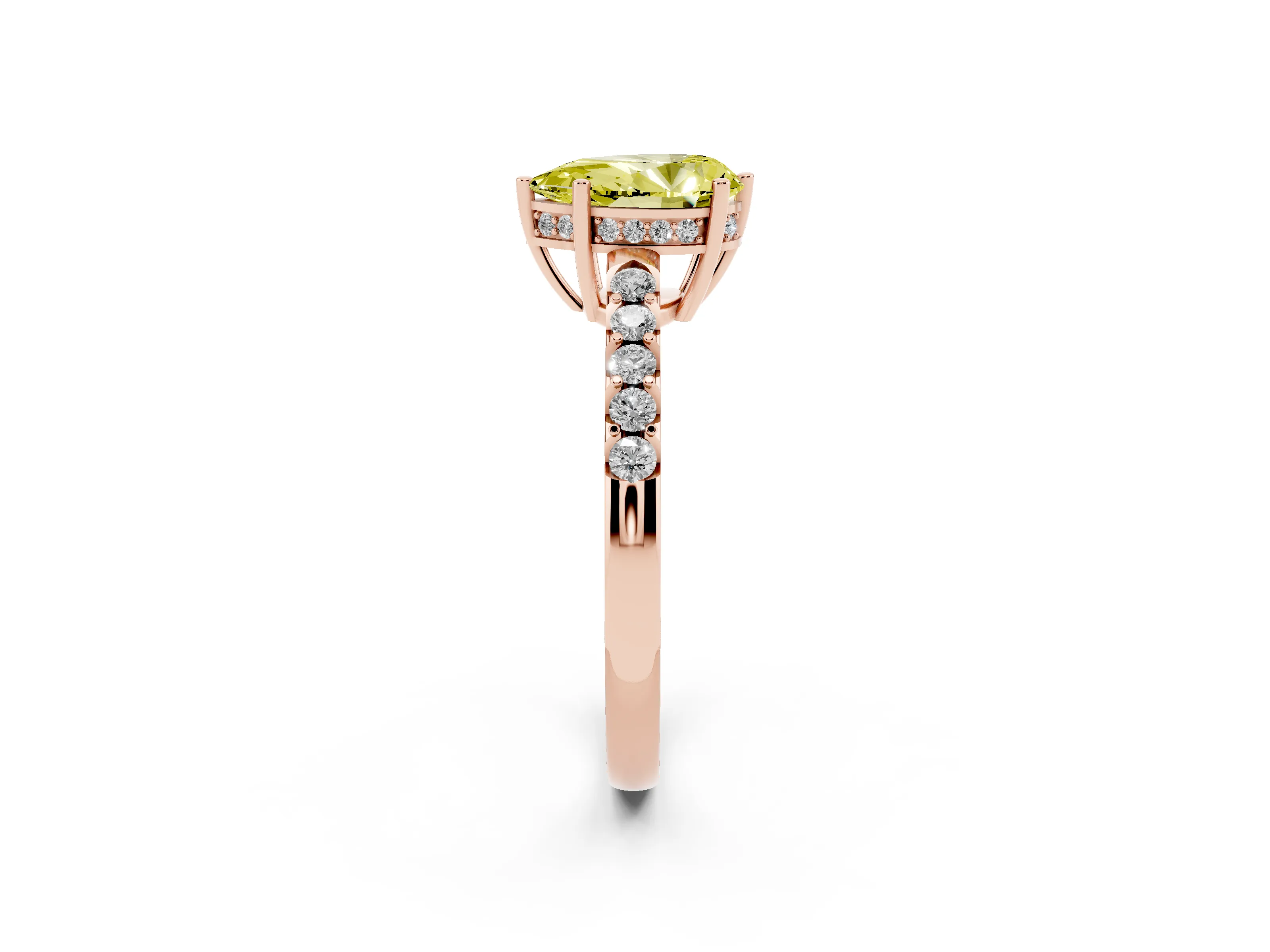 Fancy Yellow Pear Cut Diamond Solitaire Engagement Ring Set in Rose gold with Pavé Band and Prong Setting