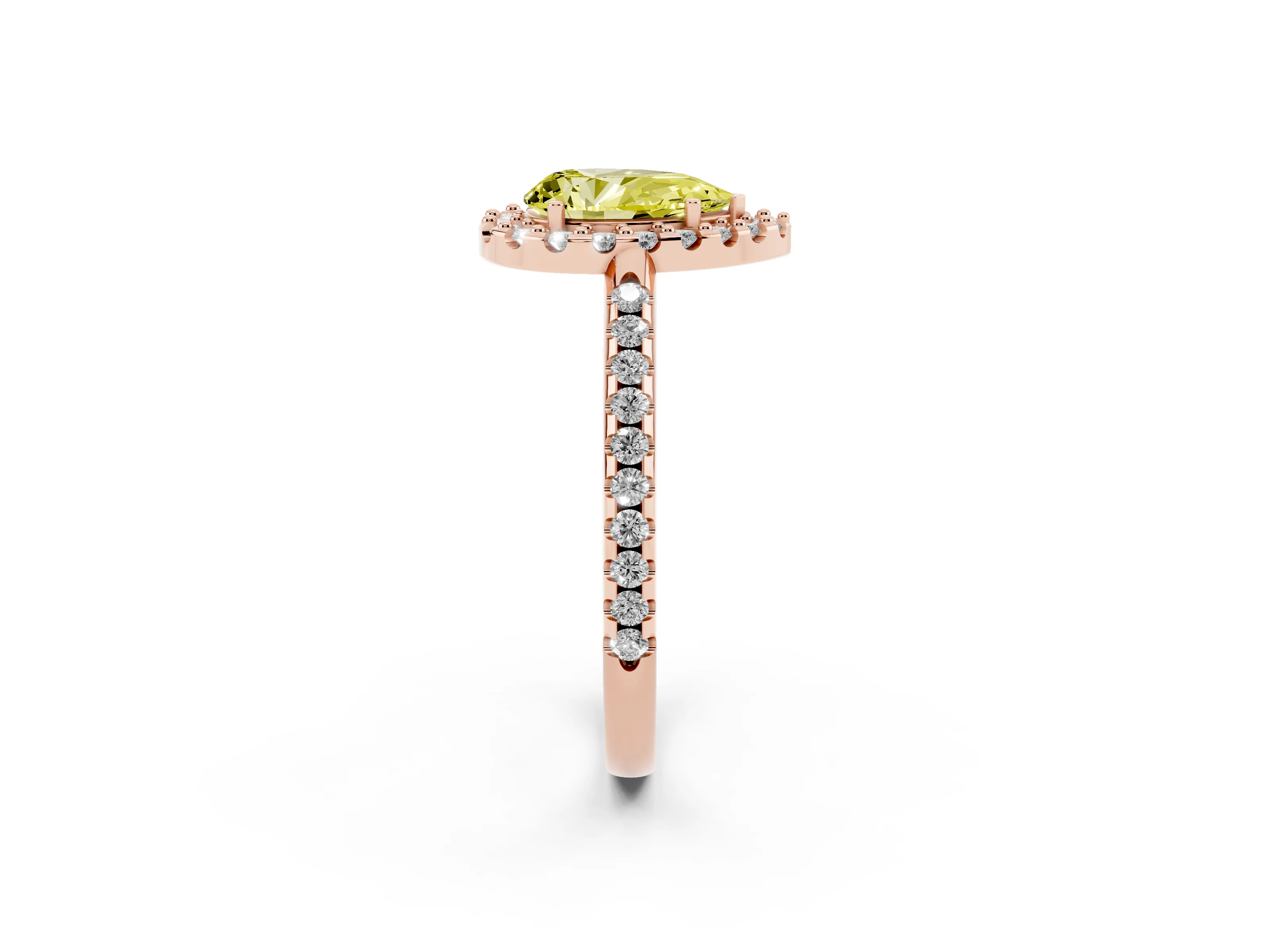 Fancy Yellow Pear Cut Diamond Pavé Halo Ring Set in Rose gold with Prong Setting