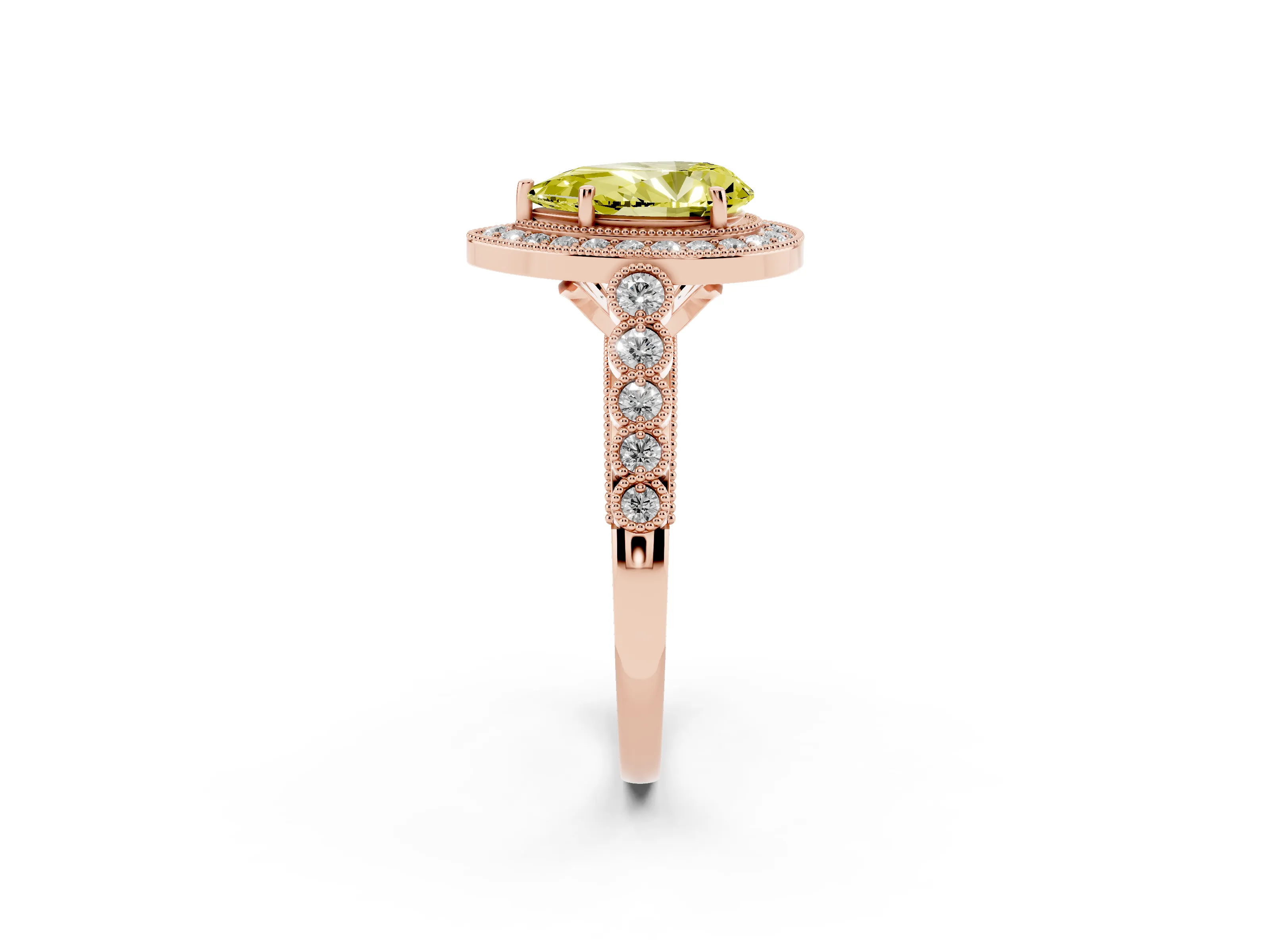 Fancy Yellow Pear Cut Diamond Milgrain Halo Solitaire Ring Set in Rose gold with Bezel Set Side Stones and Pavé Band