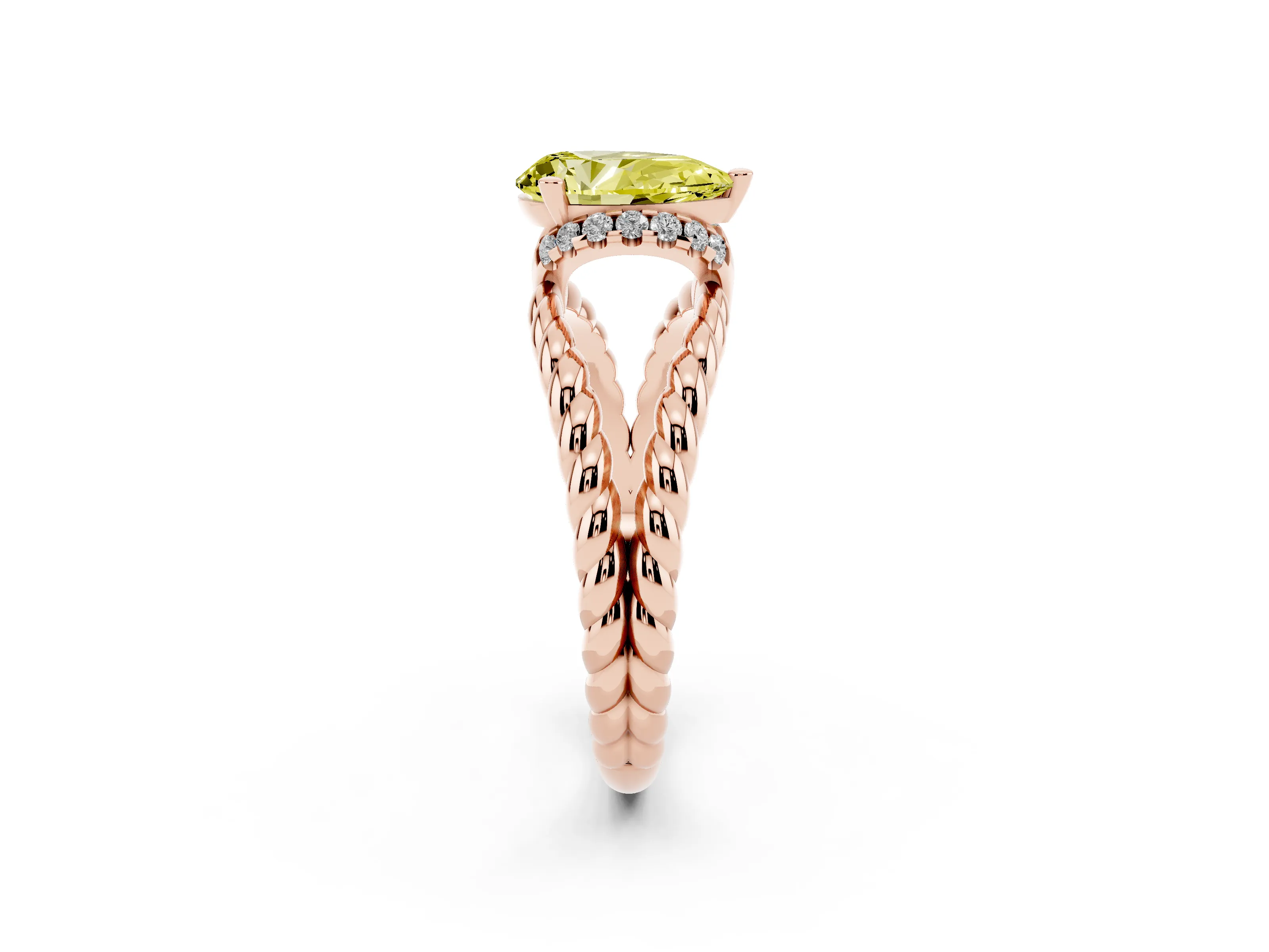 Fancy Yellow Pear Cut Diamond Halo Ring Set in Rose gold with Twisted Band and Prong Setting