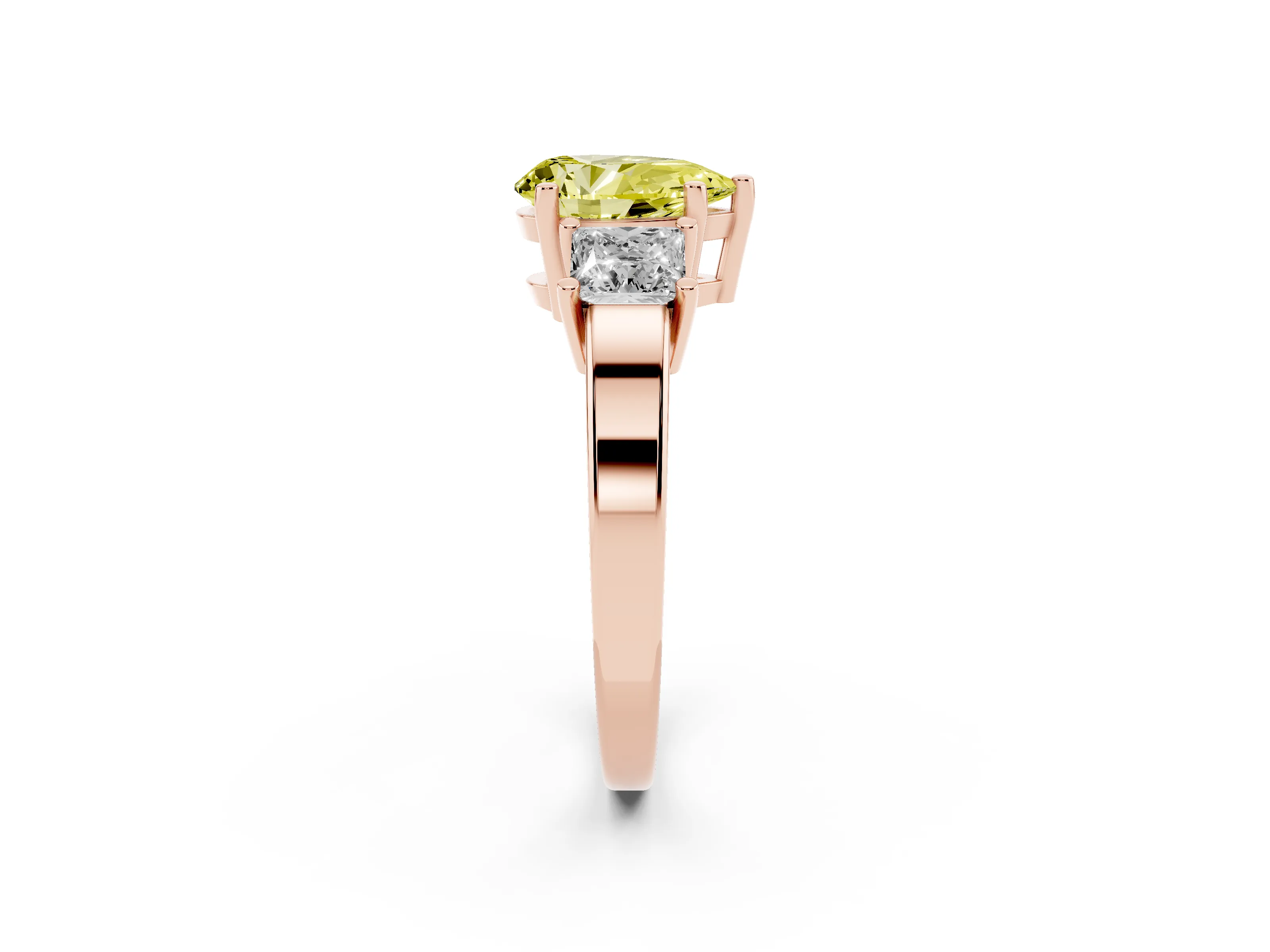 Fancy Yellow Three-Stone Pear Cut Diamond Solitaire Ring Set in Rose gold with Prong Setting