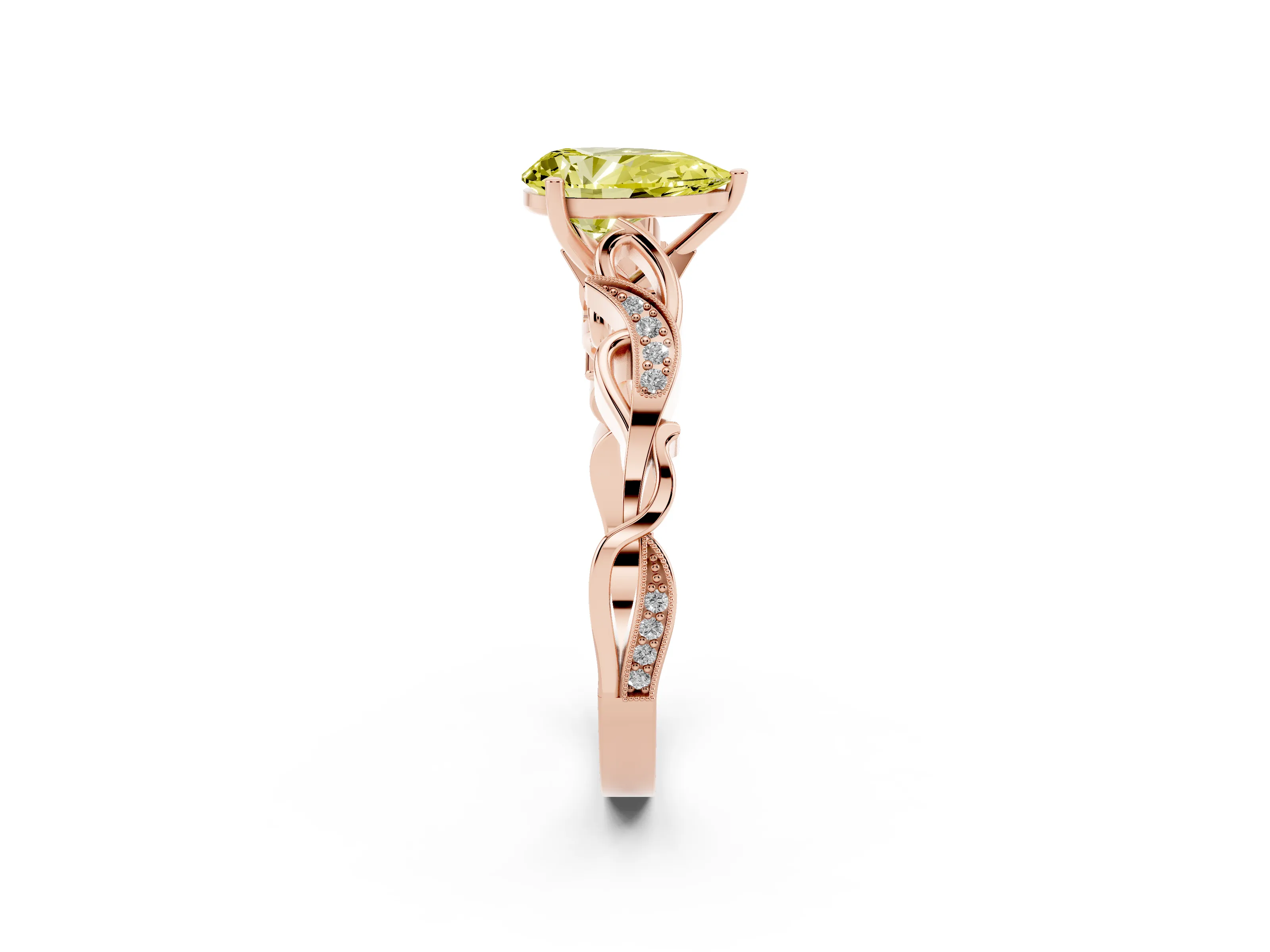 Fancy Yellow Pear Cut Diamond Vine Band Solitaire Ring Set in Rose gold with Milgrain Prong Setting