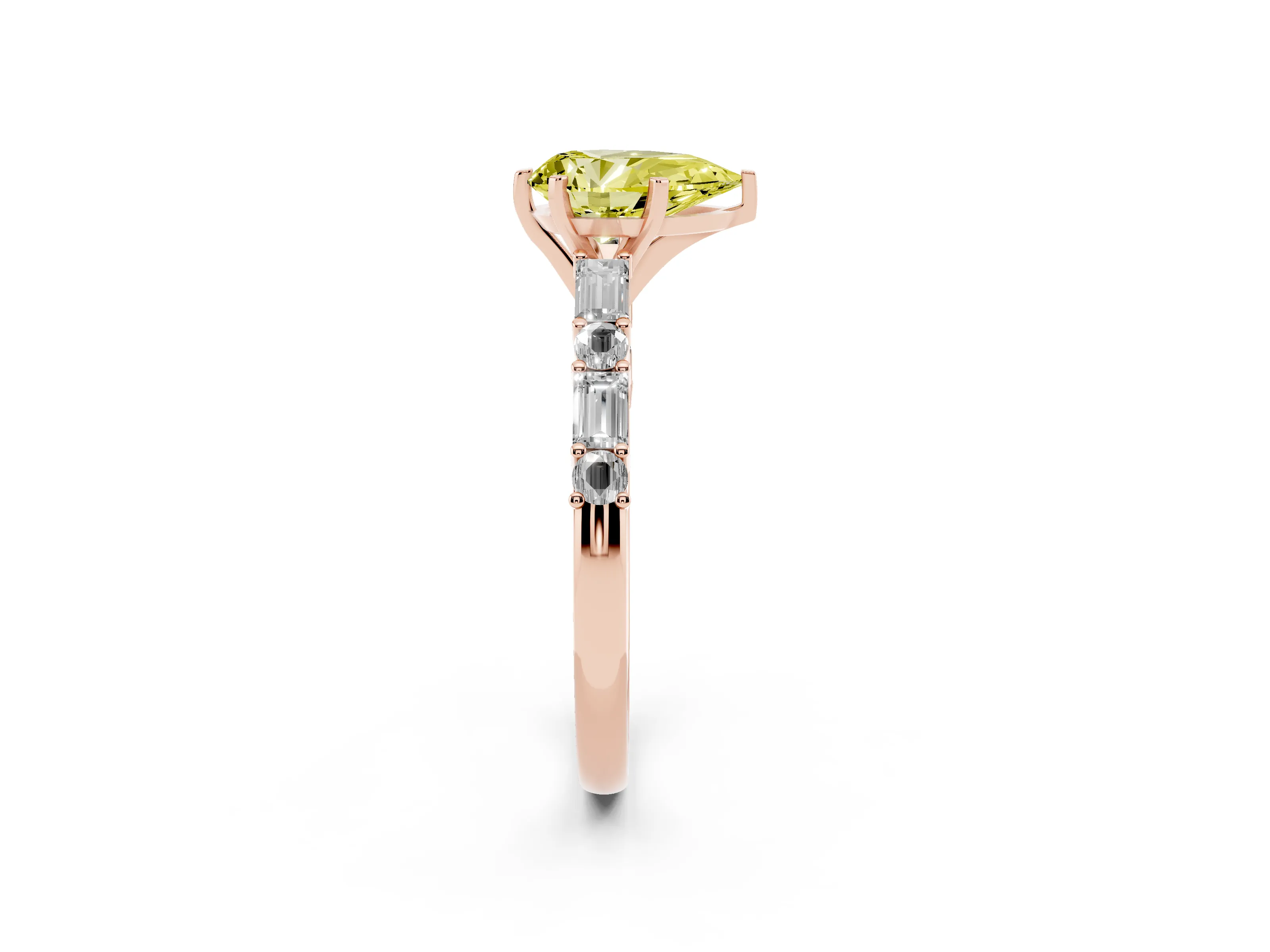 Fancy Yellow Pear Cut Diamond Solitaire Set in Rose gold with Side Baguettes and Channel Set Band