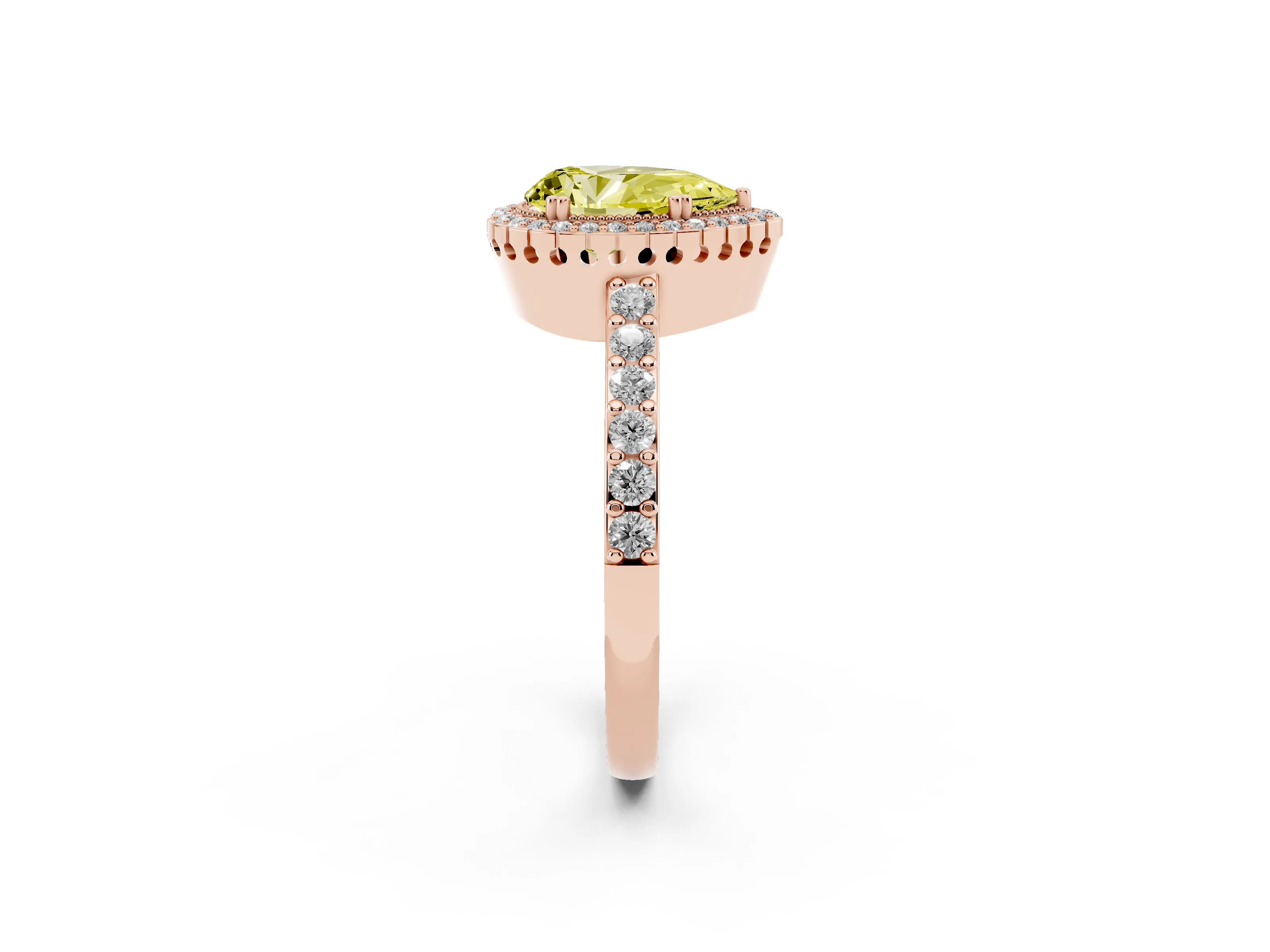 Fancy Yellow Pear Cut Diamond Halo Engagement Ring Set in Rose gold with Milgrain Detail and Pavé Band