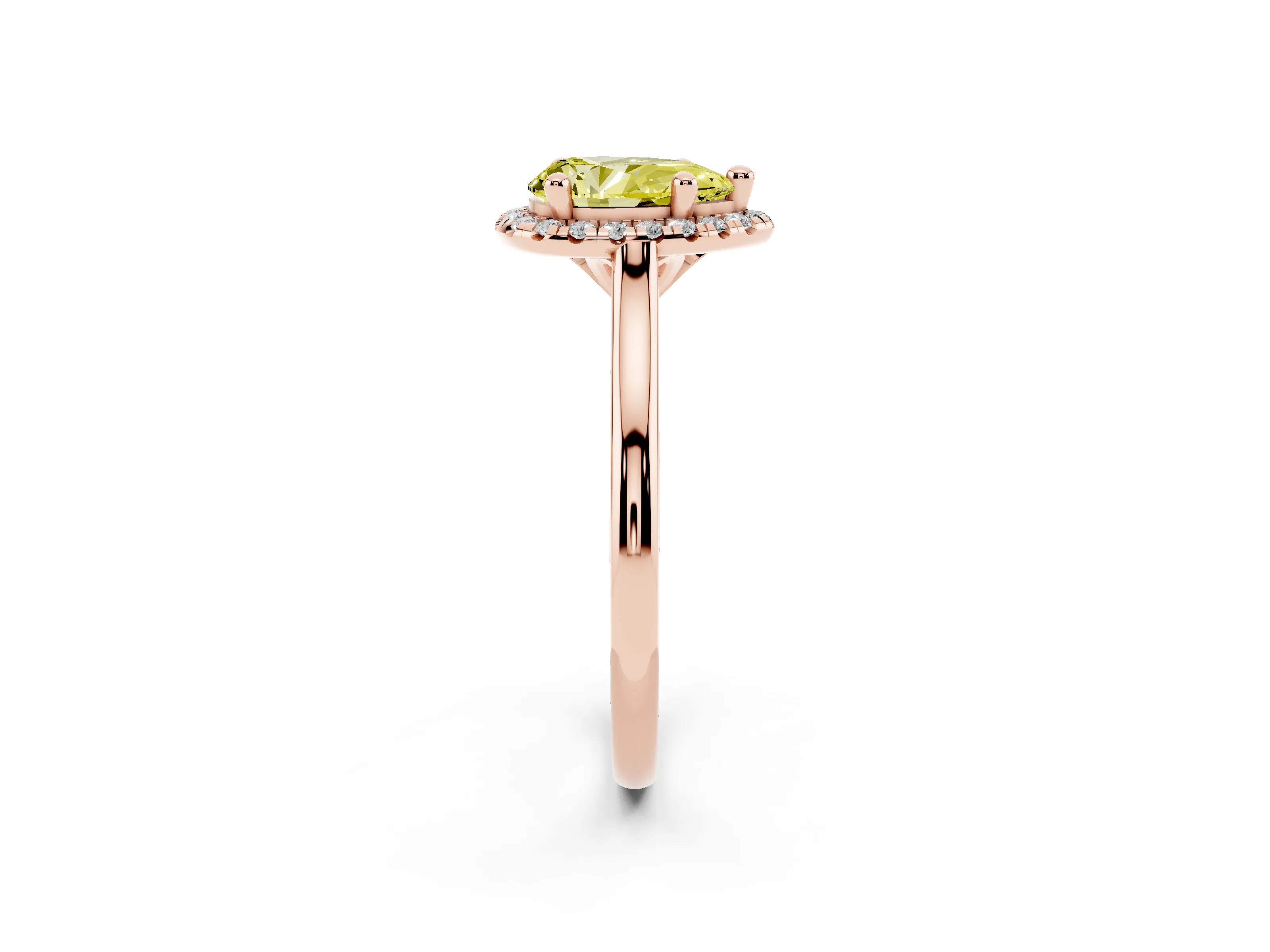 Fancy Yellow Pear Cut Diamond Halo Engagement Ring Set in Rose gold with Pavé Band and Rising Shoulders
