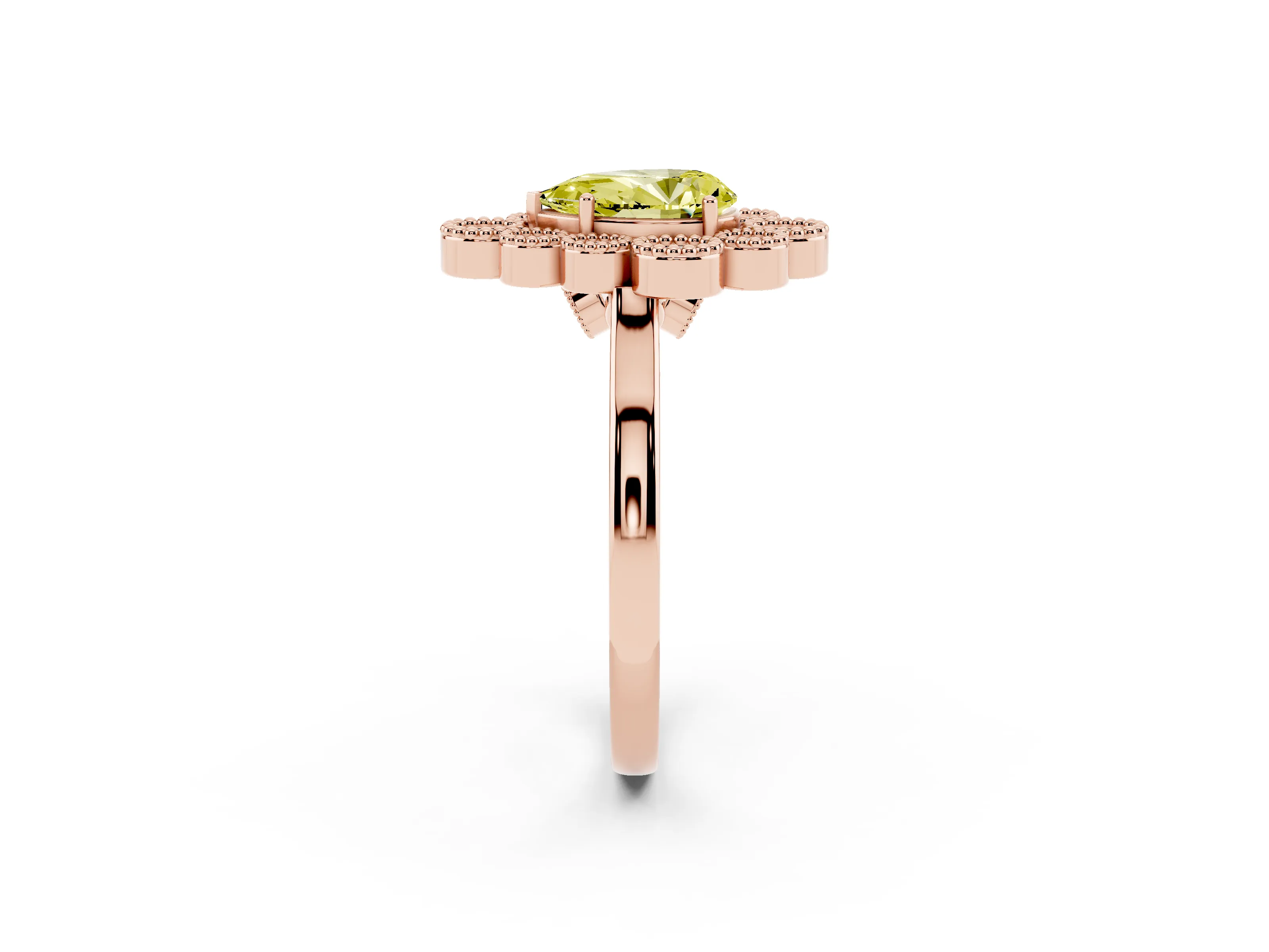 Fancy Yellow Pear Cut Diamond Cluster Halo Ring Set in Rose gold with Milgrain Bezel Accents and Plain Band
