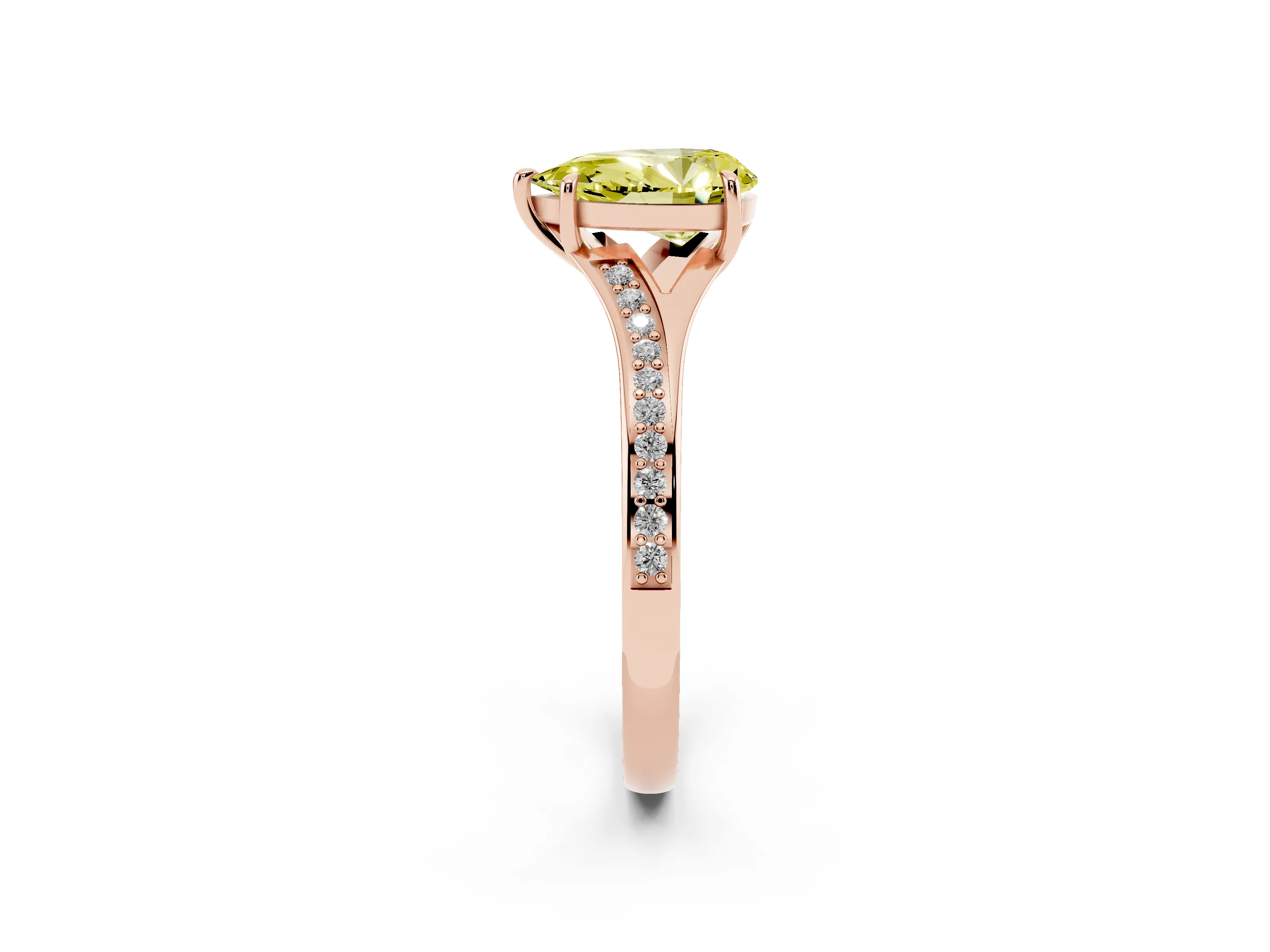 Fancy Yellow Pear Cut Diamond Solitaire Ring Set in Rose gold with Pavé Accent Band and Classic Prong Setting