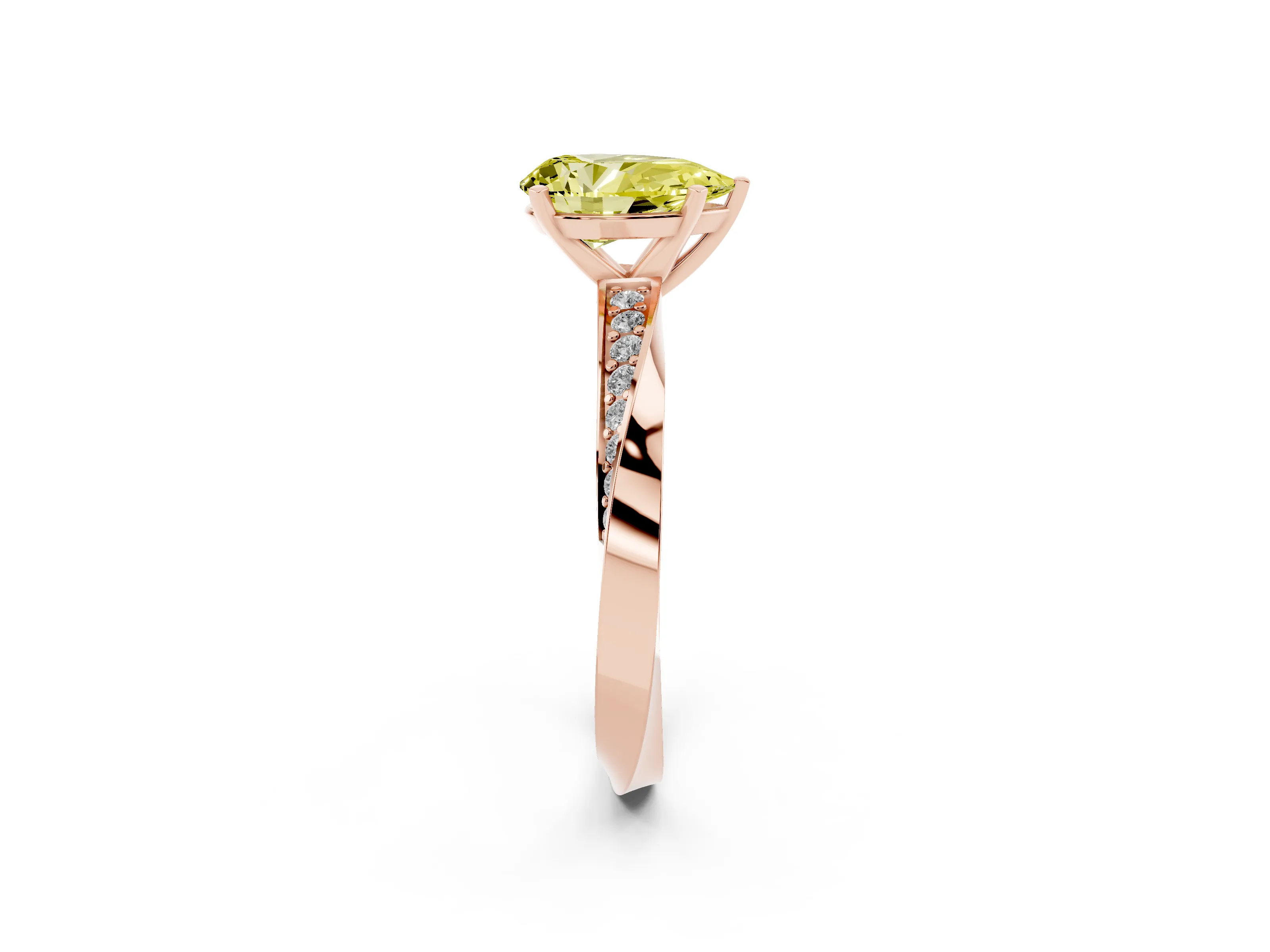 Fancy Yellow Pear Cut Diamond Engagement Ring Set in Rose gold with Side Stone Accents and Prong Setting