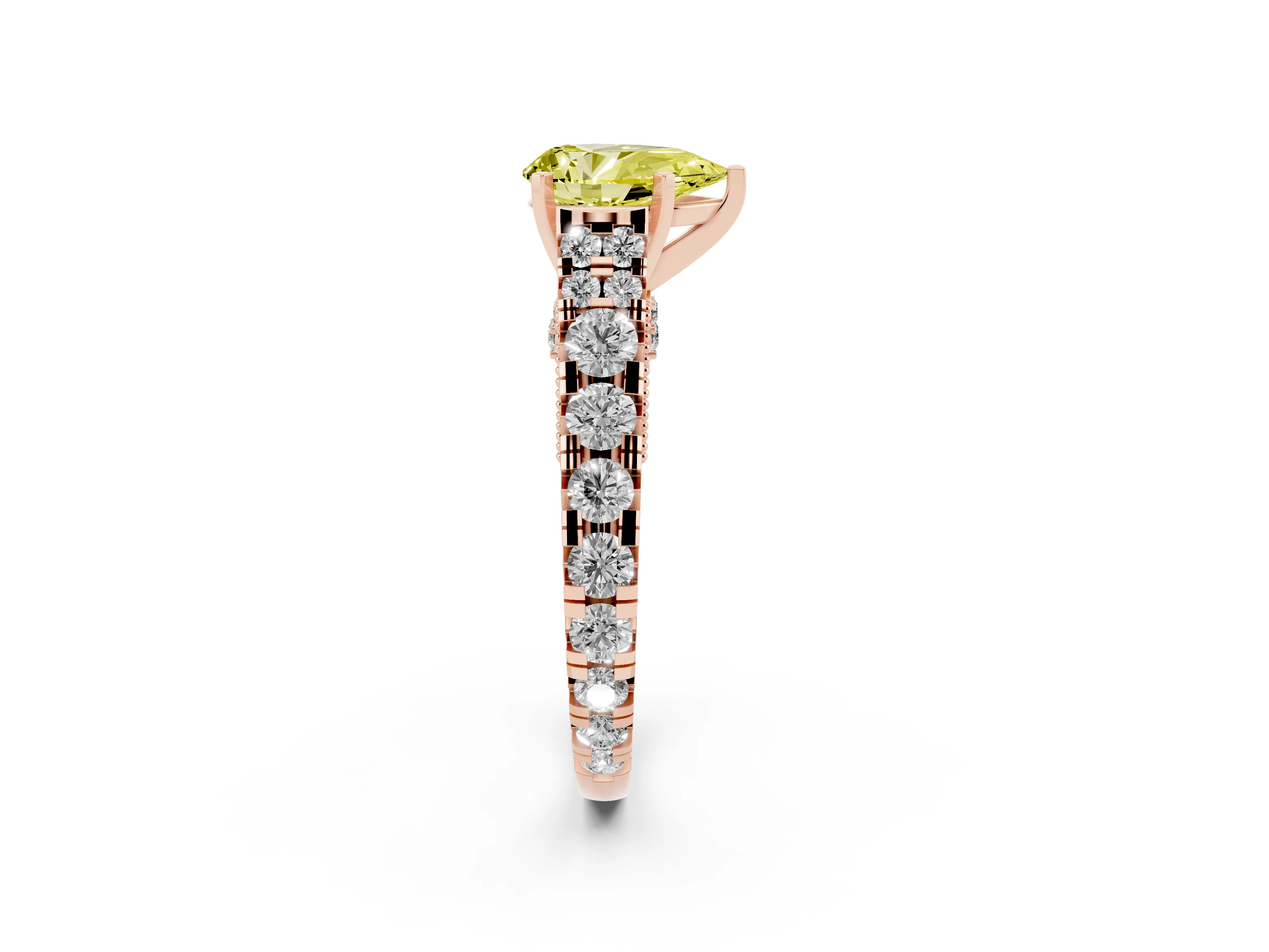 Fancy Yellow Pear Cut Diamond Classic Solitaire Ring Set in Rose gold with Pavé Band and Prong Setting