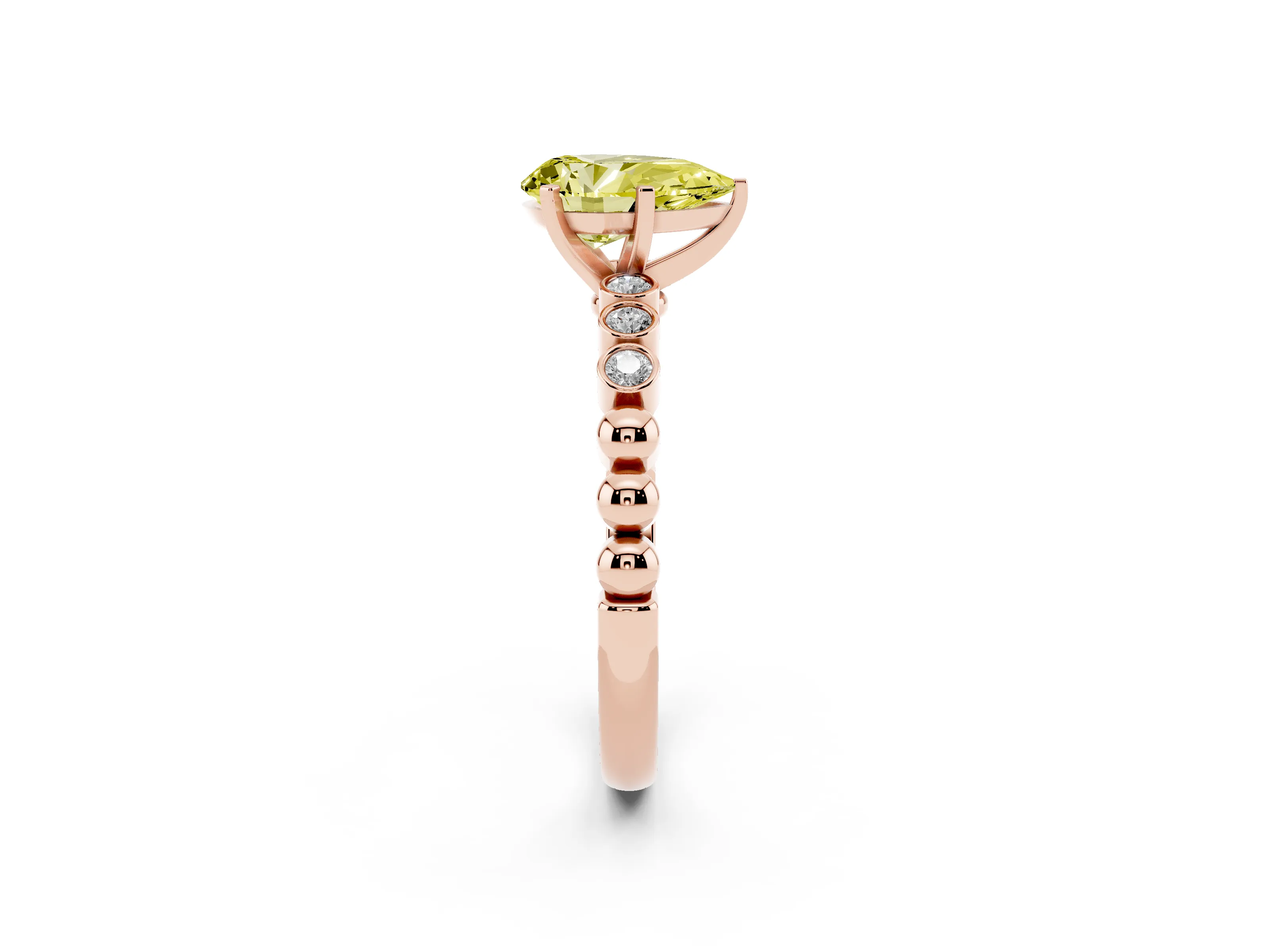 Fancy Yellow Pear Cut Diamond Solitaire Engagement Ring Set in Rose gold with Bezel Accents on Beaded Band